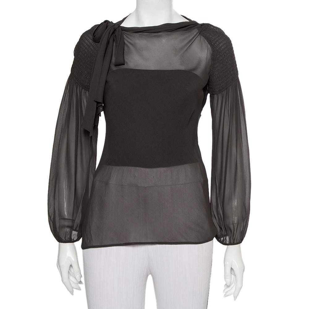 Pre Owned Emporio Armani Charcoal Grey Silk Neck Tie Detail Smocked Top S