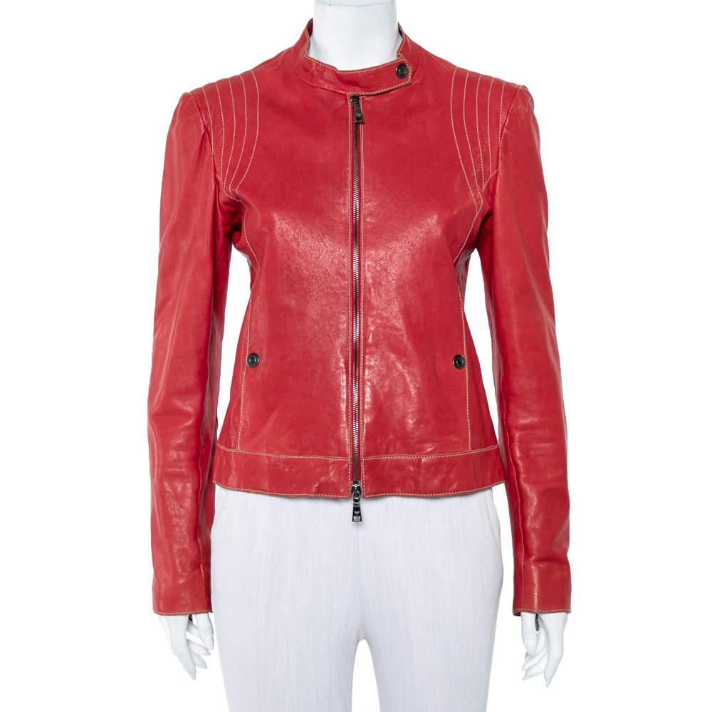 Pre Owned Emporio Armani Red Leather Zip Front Jacket M