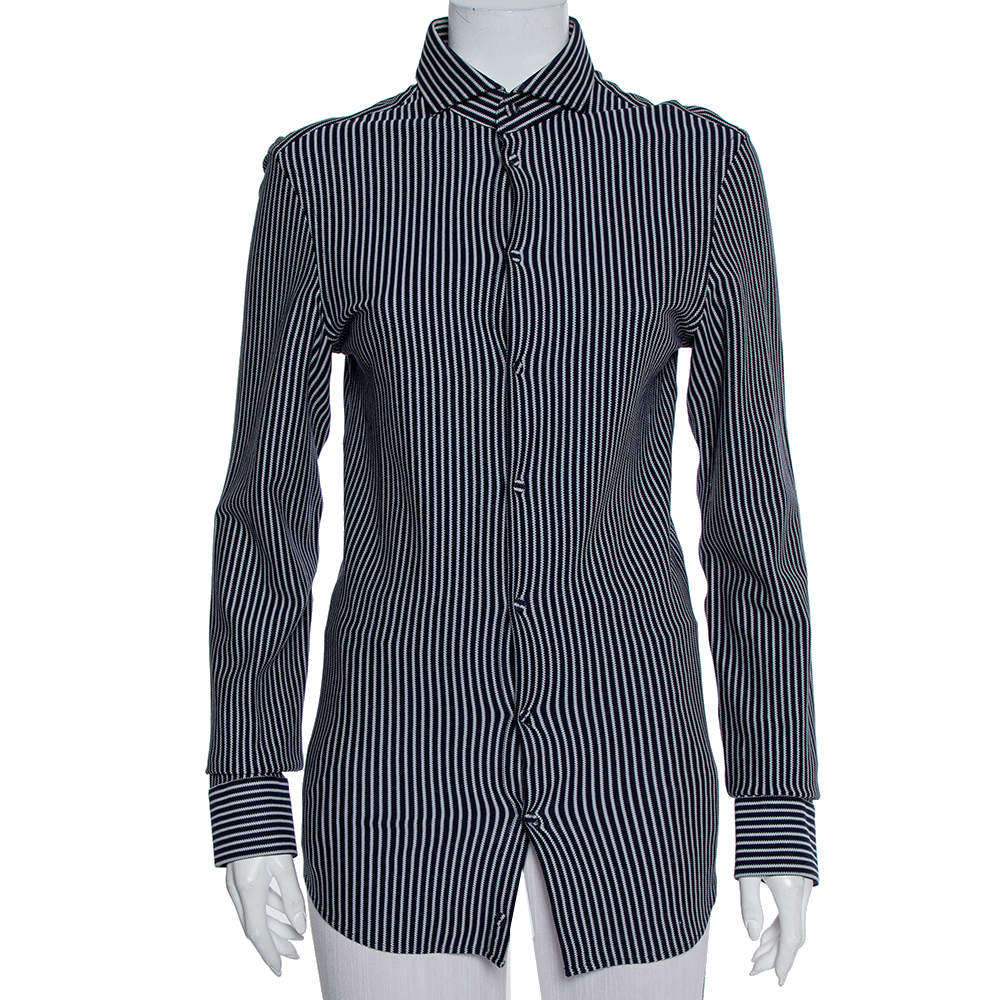 Pre Owned Emporio Armani Navy Blue Striped Cotton Knit Button Front Shirt S