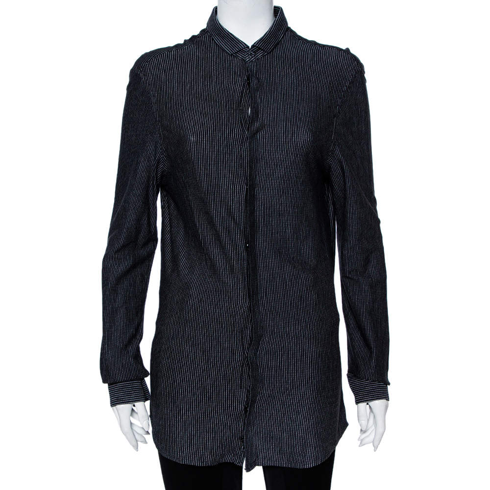 Pre Owned Emporio Armani Black Striped Knit Long Sleeve Shirt M
