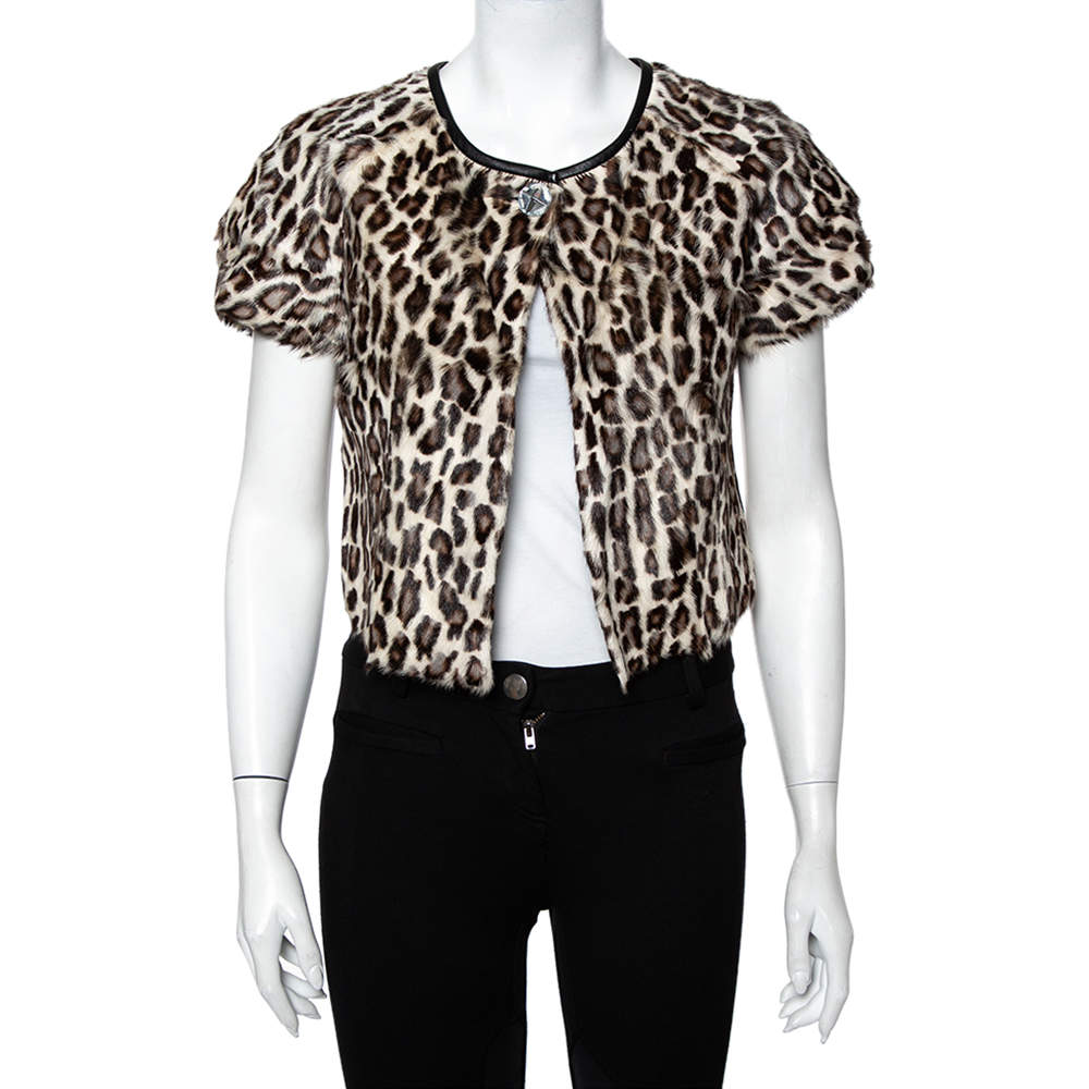 Pre Owned Emporio Armani Brown Animal Printed Fur Button Front Shrug S