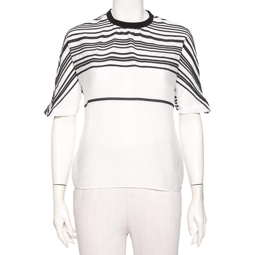 Pre Owned Emporio Armani White Cotton & Silk Striped Detail T-Shirt L