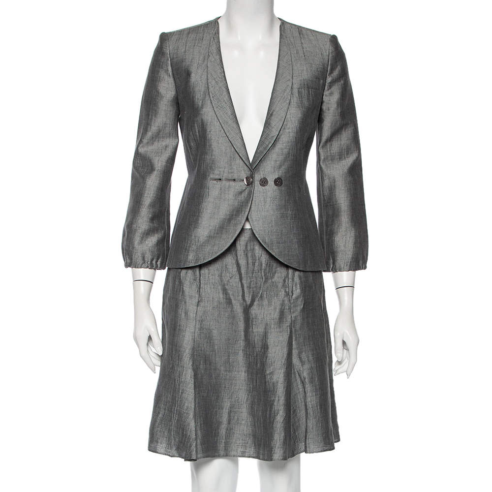 Pre Owned Emporio Armani Grey Linen Button Front Blazer & A- Line Skirt S
