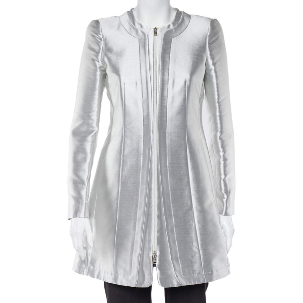 Pre Owned Emporio Armani Silver Silk Blend Zip Front Coat S