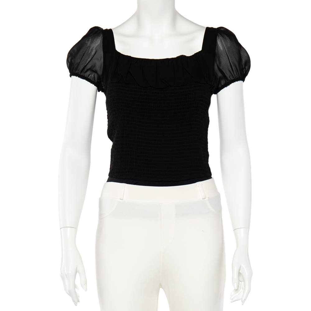 Pre Owned Emporio Armani Black Silk Smocked Sheer Top S