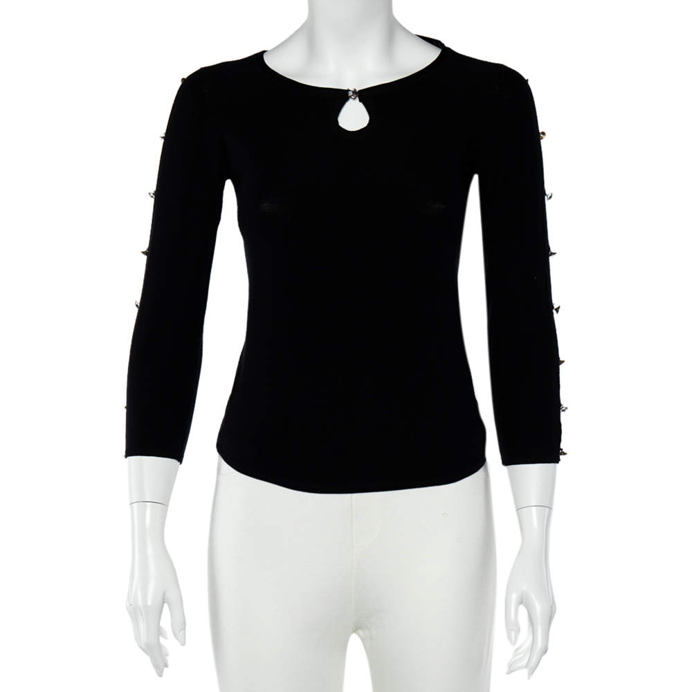 Pre Owned Emporio Armani Black Silk Knit Crystal Detail Long Sleeve Top M