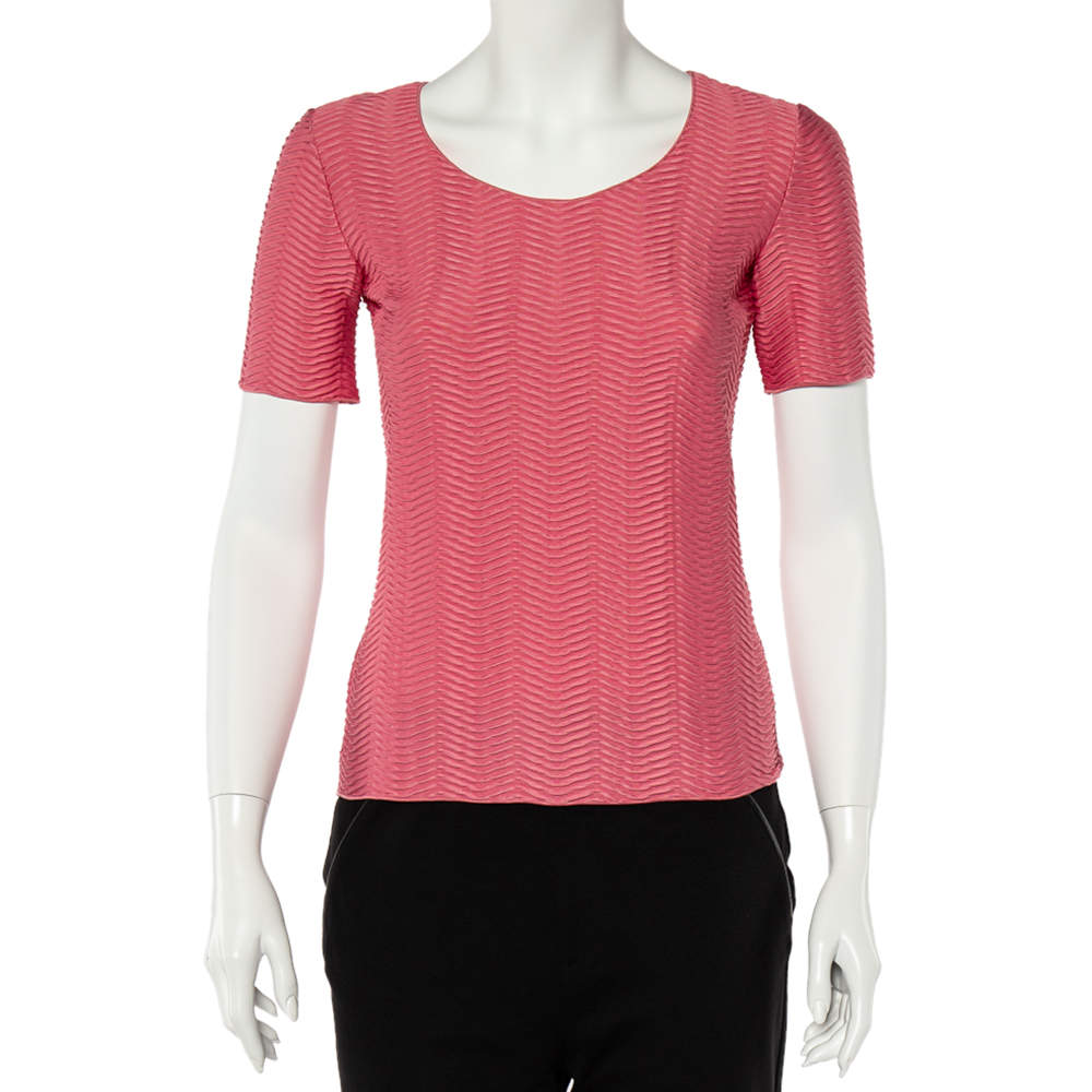 Pre Owned Emporio Armani Pink Zig Zag Textured Jersey Short Sleeve Top S