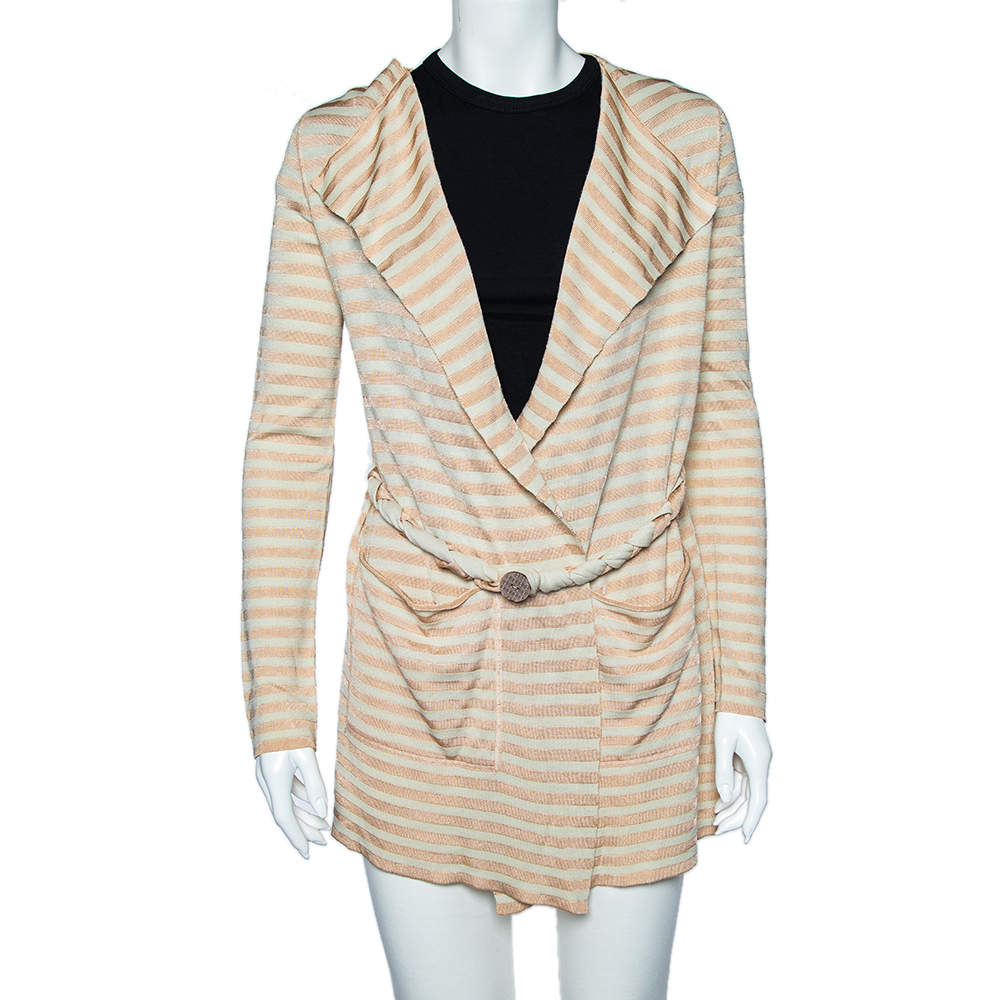 Pre Owned Emporio Armani Beige Striped Knit Belted Cardigan S