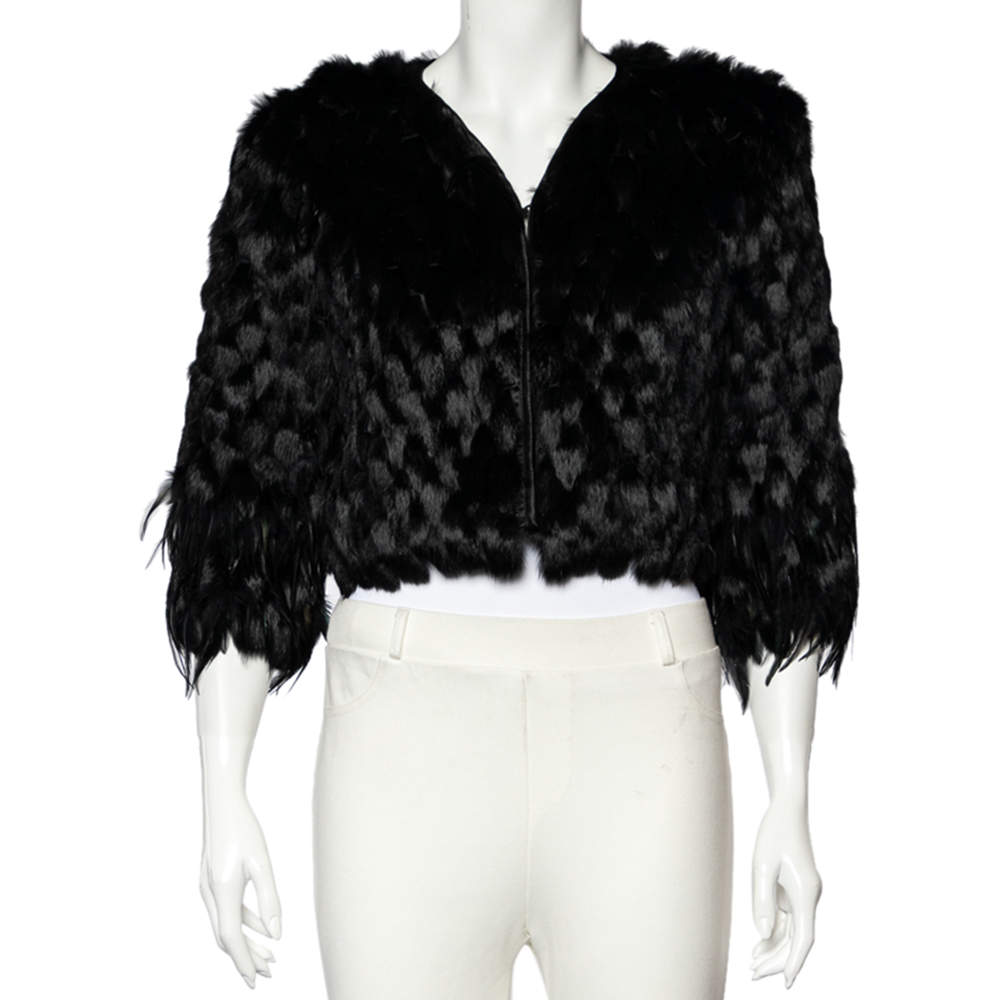 Pre Owned Emporio Armani Black Fur And Feather Trim Hook Front Shrug S