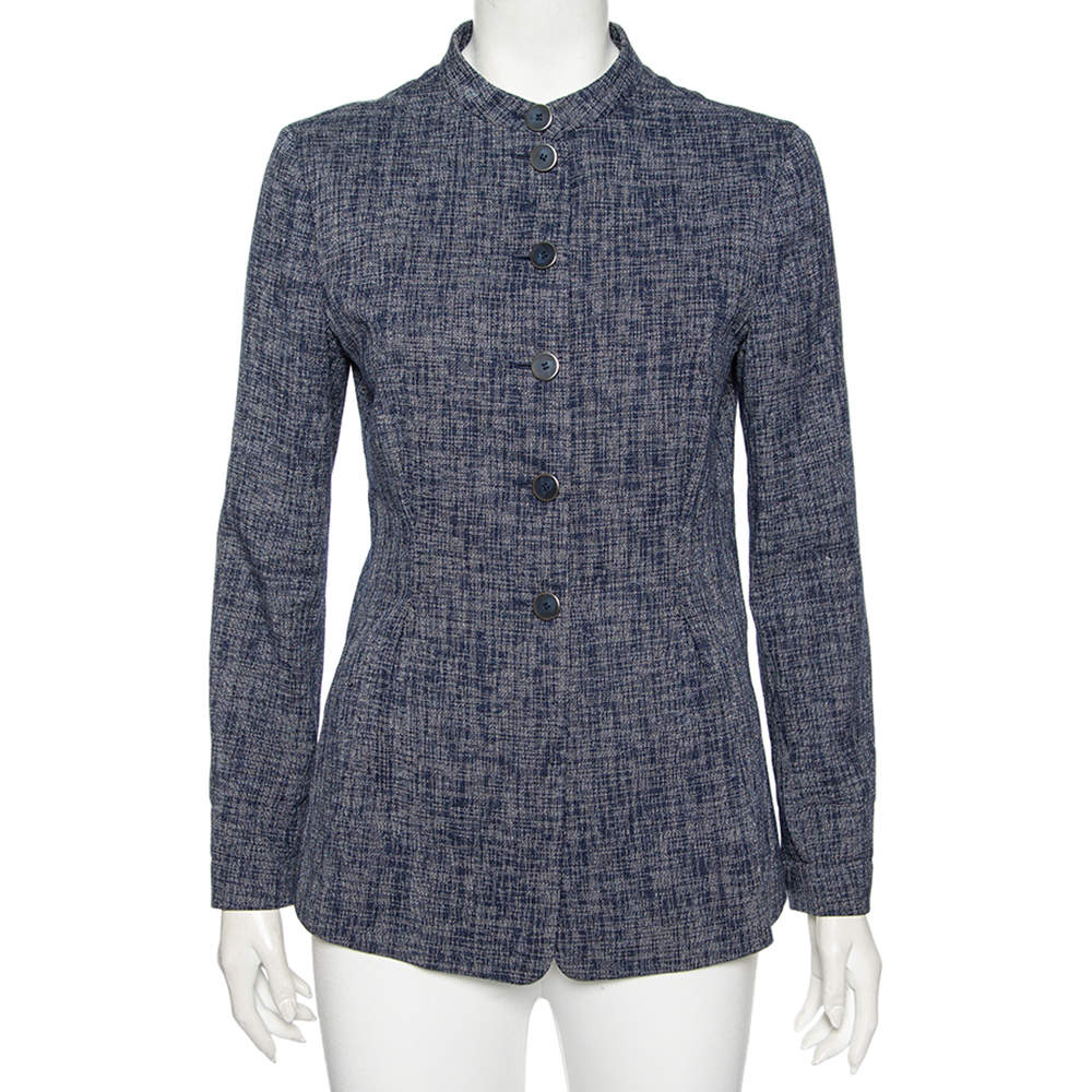 Pre Owned Emporio Armani Navy Blue Textured Cotton Button Front Jacket M