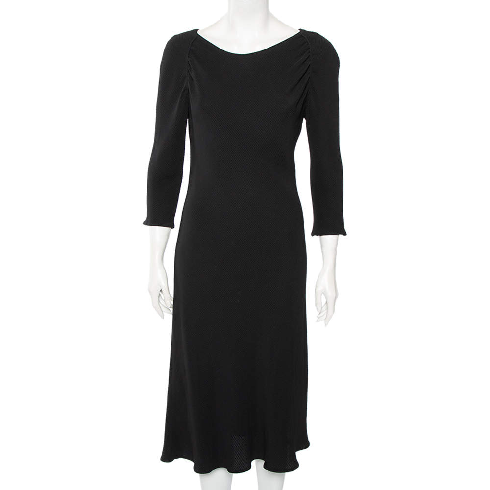 Pre Owned Emporio Armani Black Textured Crepe Midi Dress L