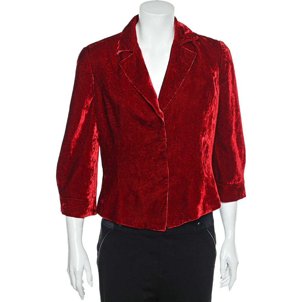 Pre Owned Emporio Armani Red Velvet Button Front Blazer L