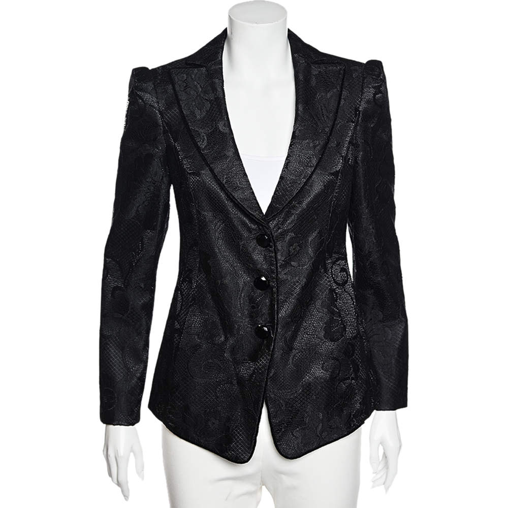 Pre Owned Emporio Armani Black Lace Button Front Blazer M