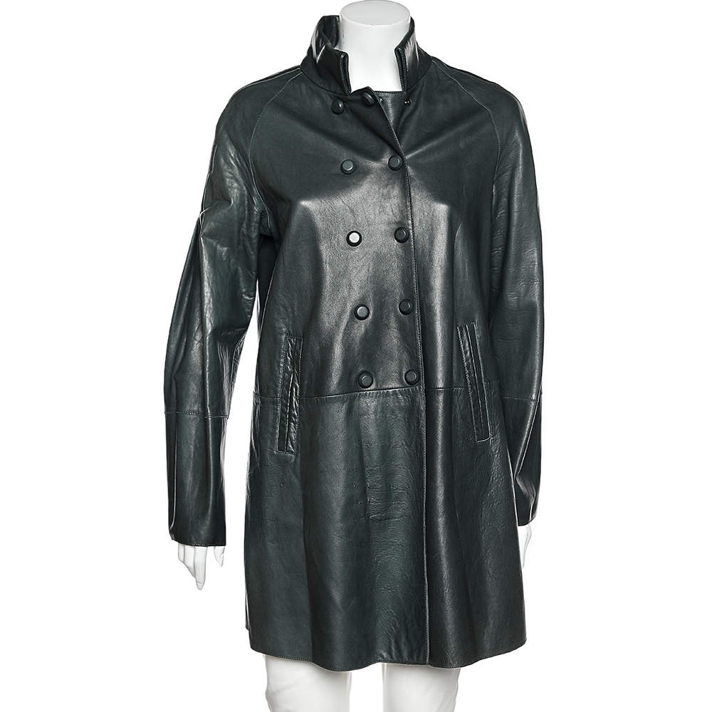 Pre Owned Emporio Armani Dark Green Leather Button Front Mid Length Coat M