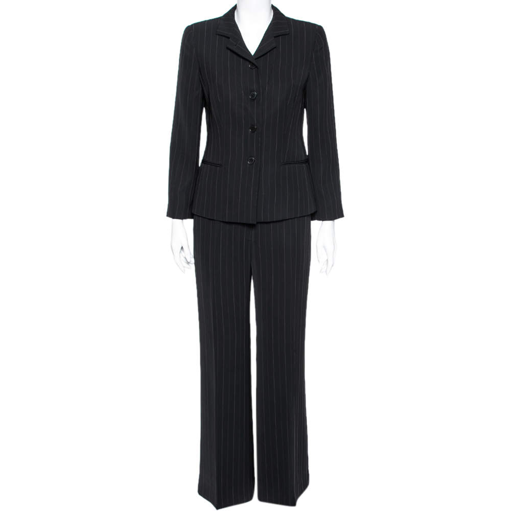 Pre Owned Emporio Armani Black Pinstriped Crepe Single Breasted Suit M