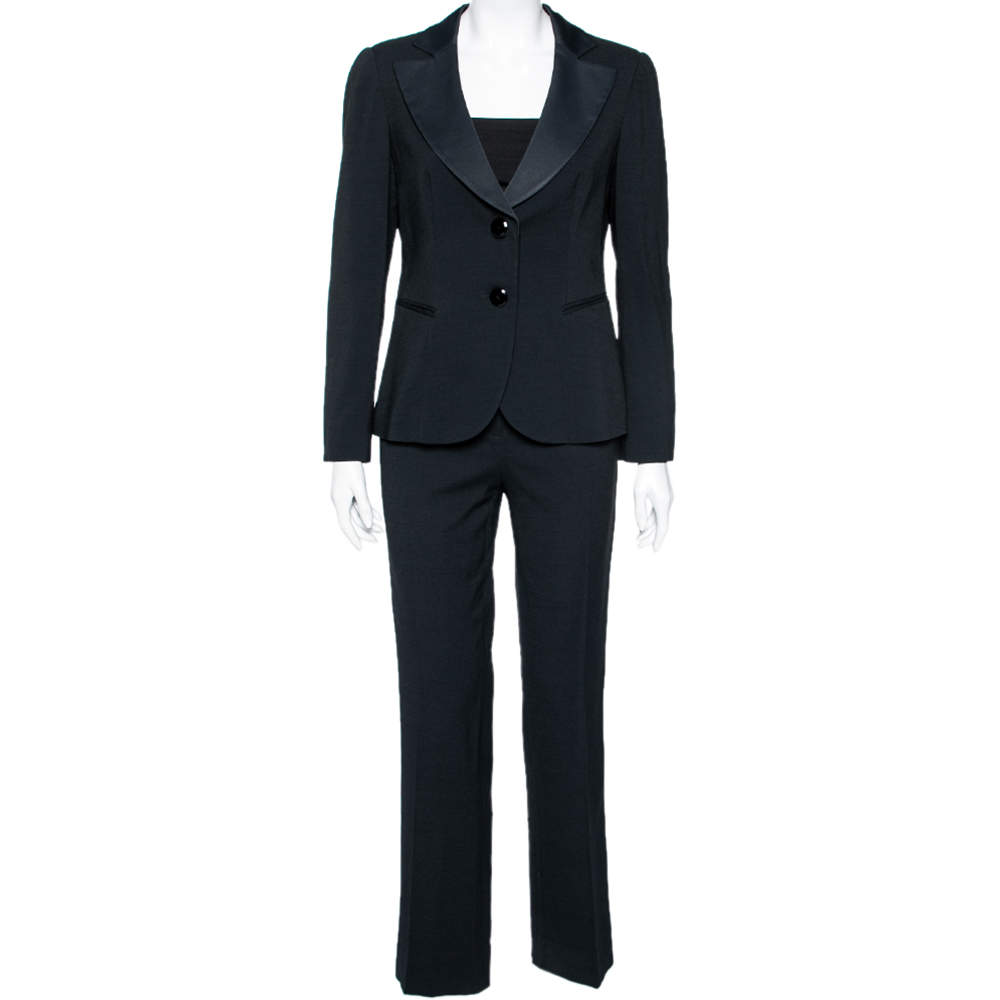 Pre Owned Emporio Armani Black Textured Crepe & Satin Trimmed Single Breasted Suit M