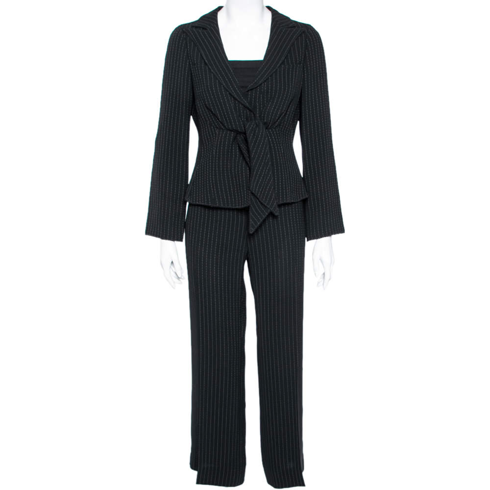 Pre Owned Emporio Armani Black Pinstriped Crepe Front Tie Detail Single Breasted Suit M