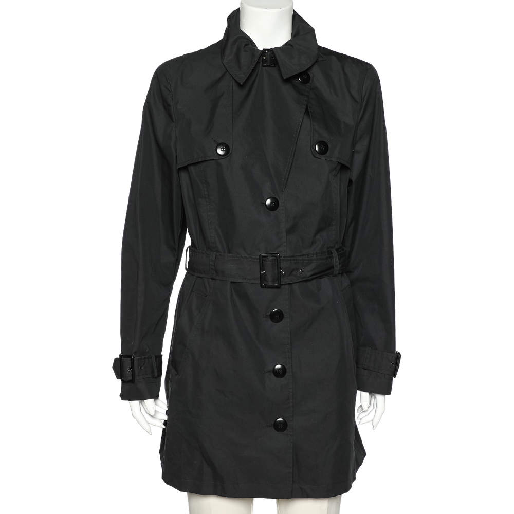 Pre Owned Emporio Armani Black Cotton Blend Belted Trench Coat L