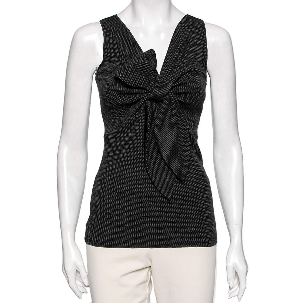 Pre Owned Emporio Armani Grey Wool Knot Detailed Front Sleeveless Top S