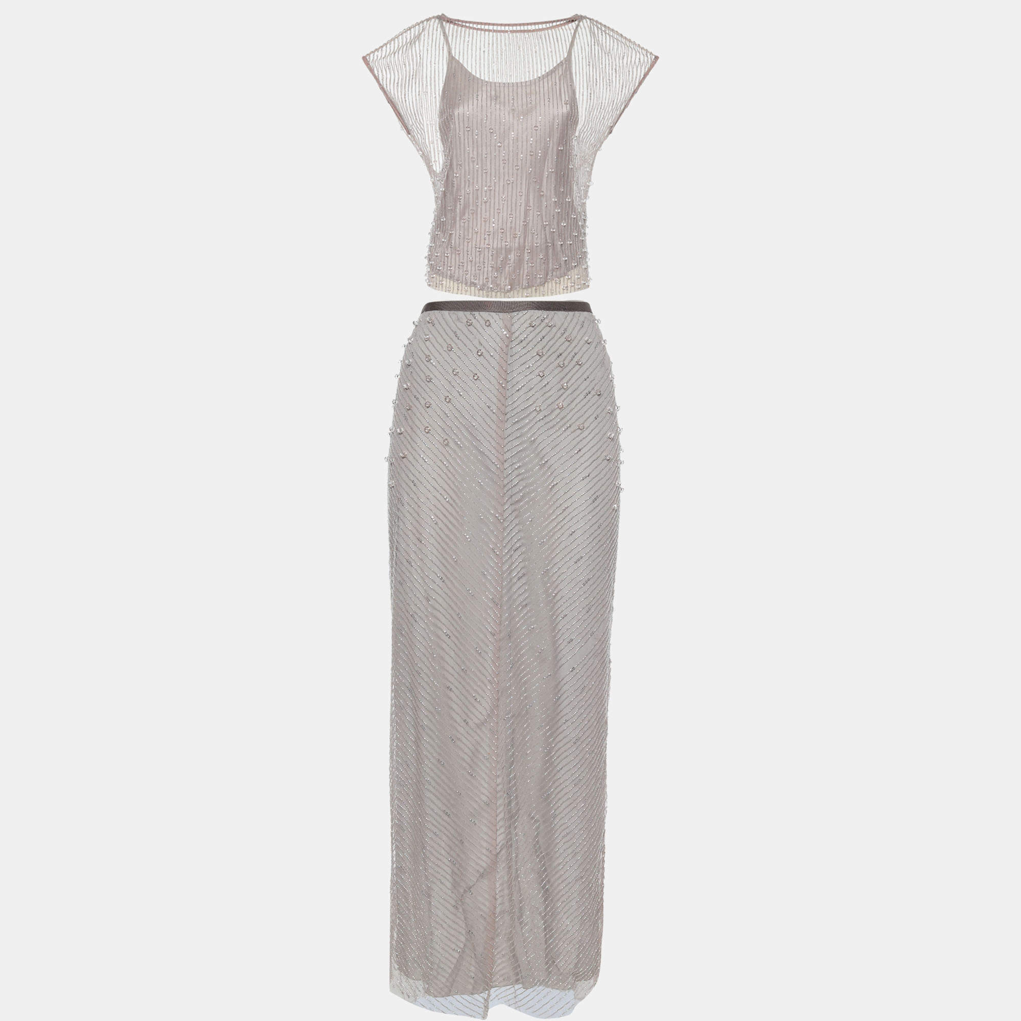 Pre Owned Emporio Armani Dusky Pink Bead Embellished Tulle Top & Midi Skirt Set M