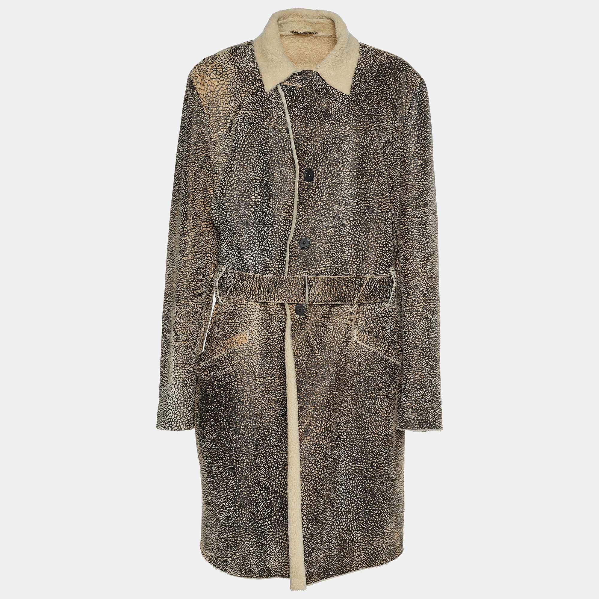 Pre Owned Emporio Armani Vintage Cream & Brown Embossed Leather Shearling Lined Coat XL