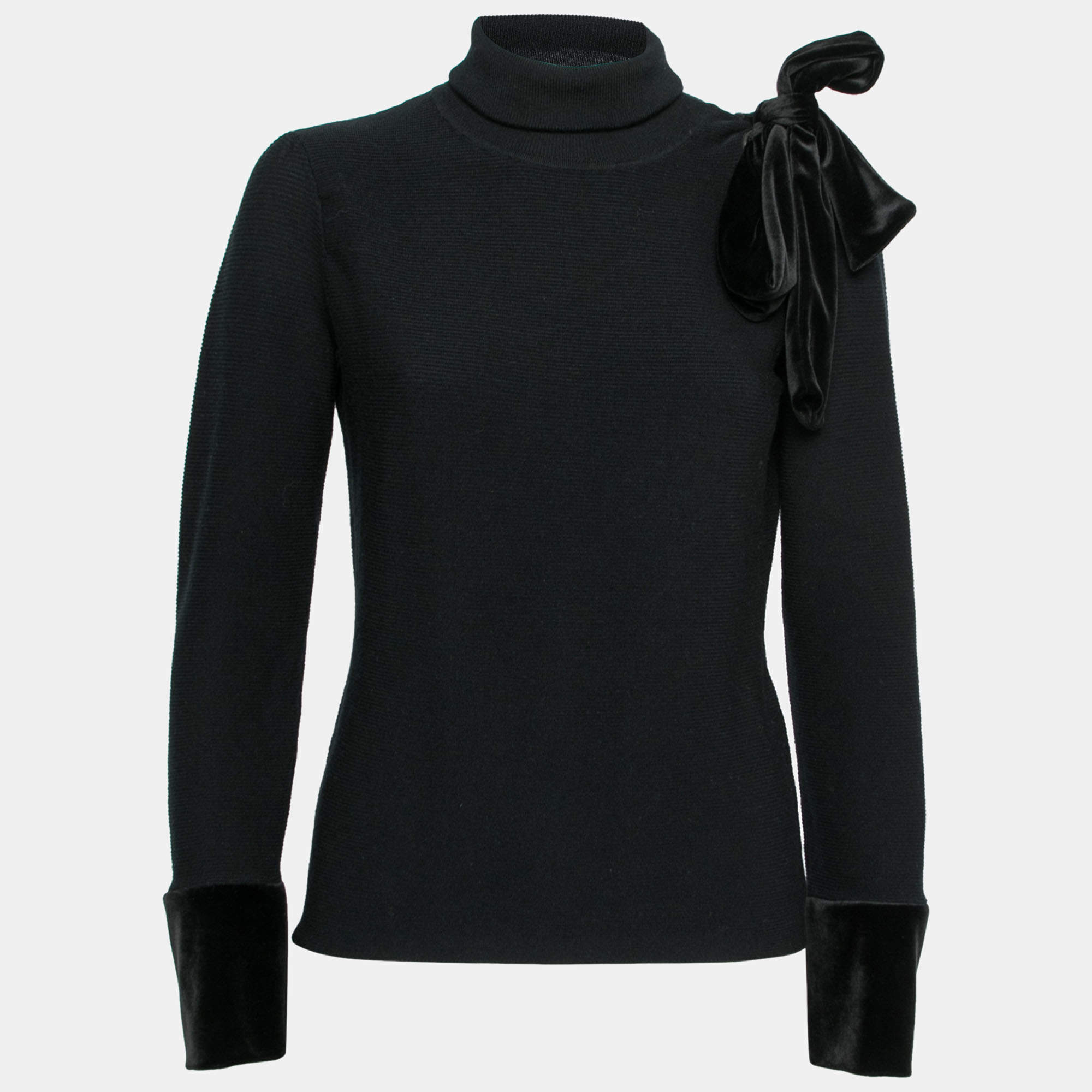 Pre Owned Emporio Armani Black Wool Knit Velvet Trimmed Turtle Neck Sweater L