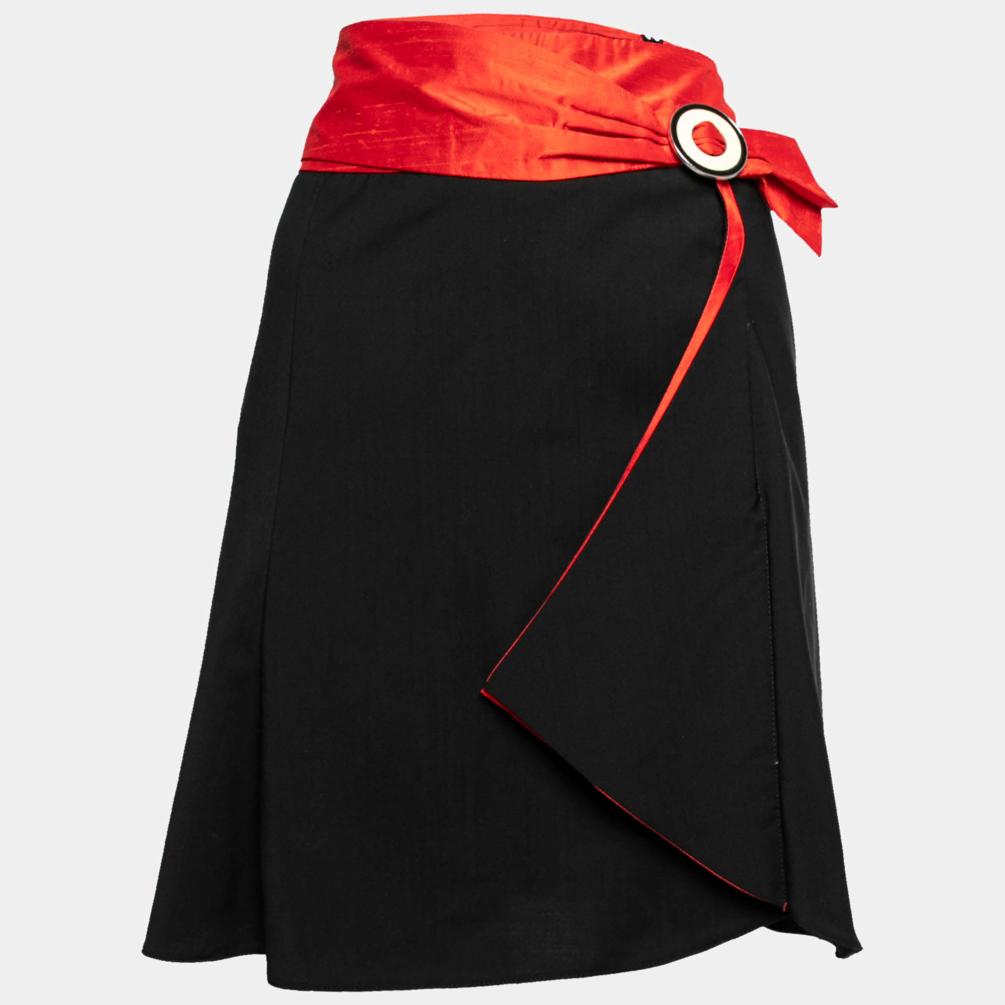 Pre Owned Emporio Armani Black & Red Wool & Silk Short Skirt L
