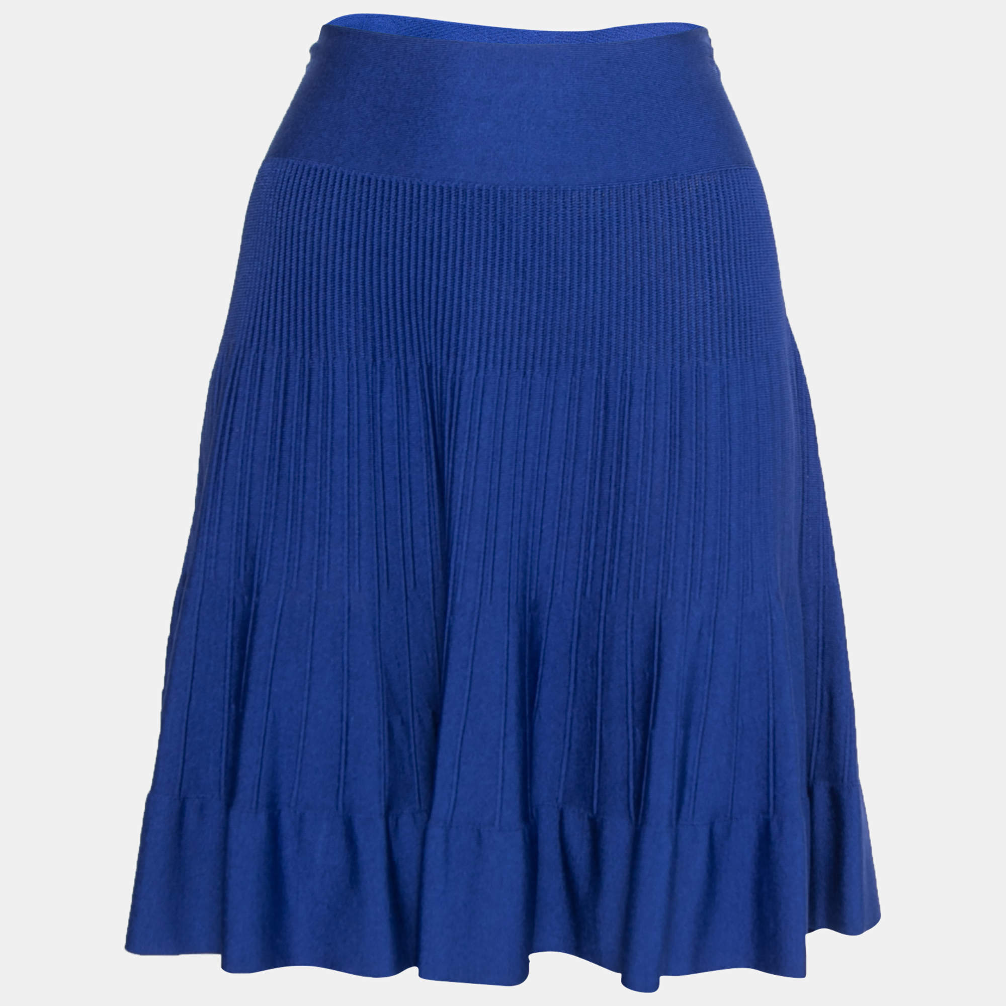 Pre Owned Emporio Armani Blue Knit Pleated Flared Mini Skirt L