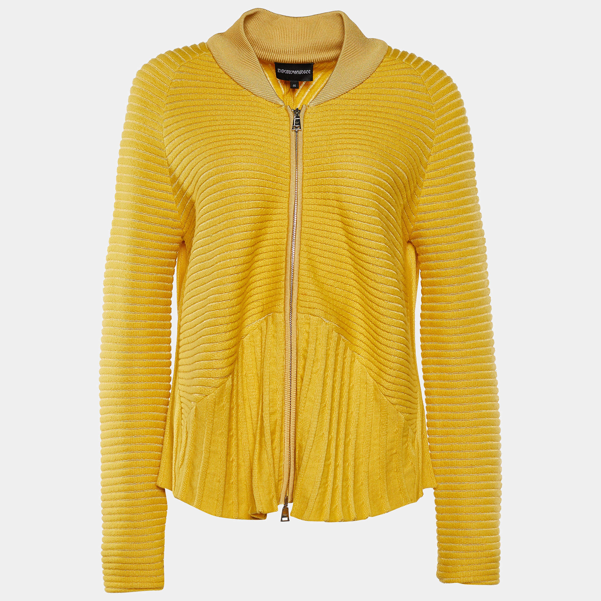 Pre Owned Emporio Armani Yellow Wool Zip Front Cardigan L