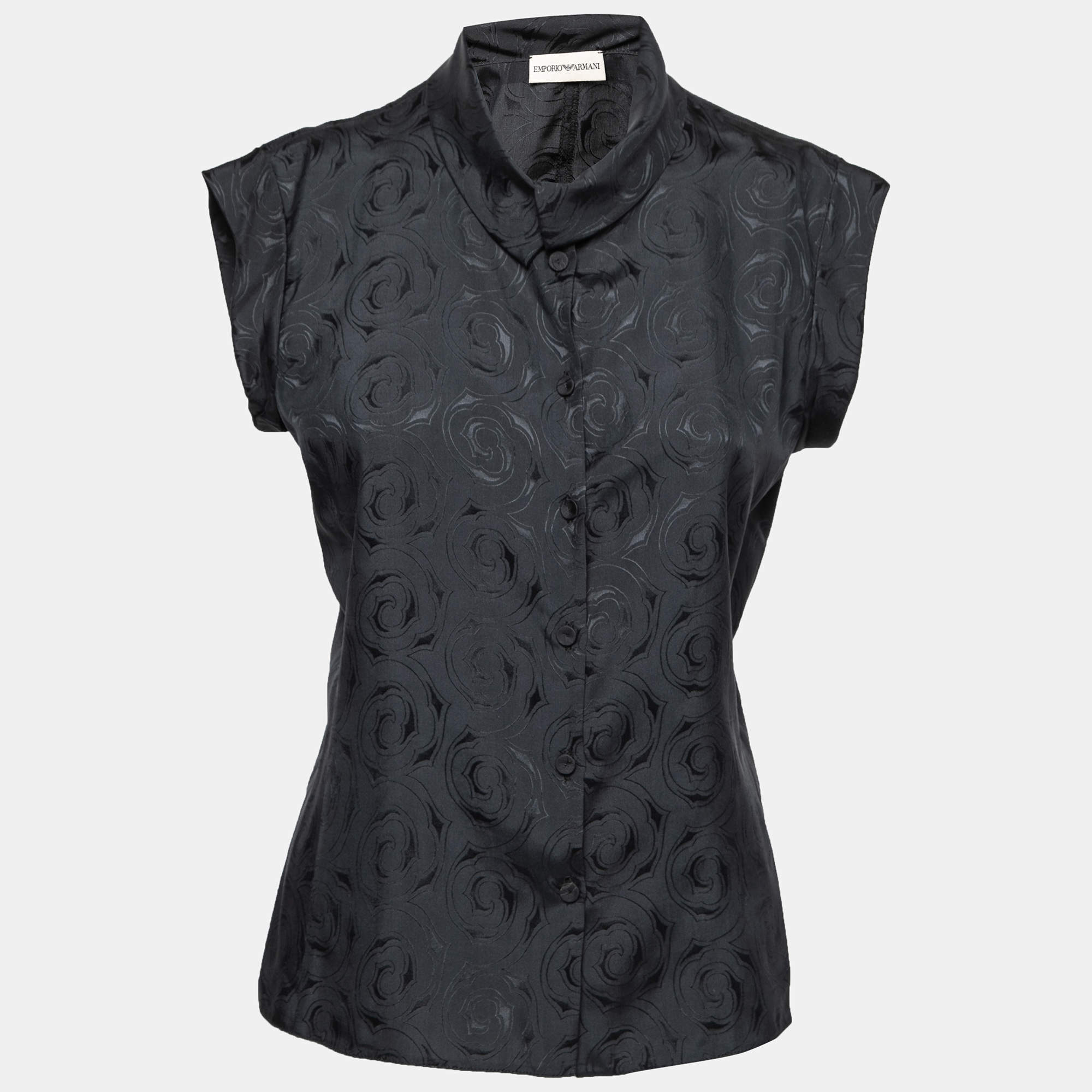 Pre Owned Emporio Armani Black Printed Silk Button Front Top M