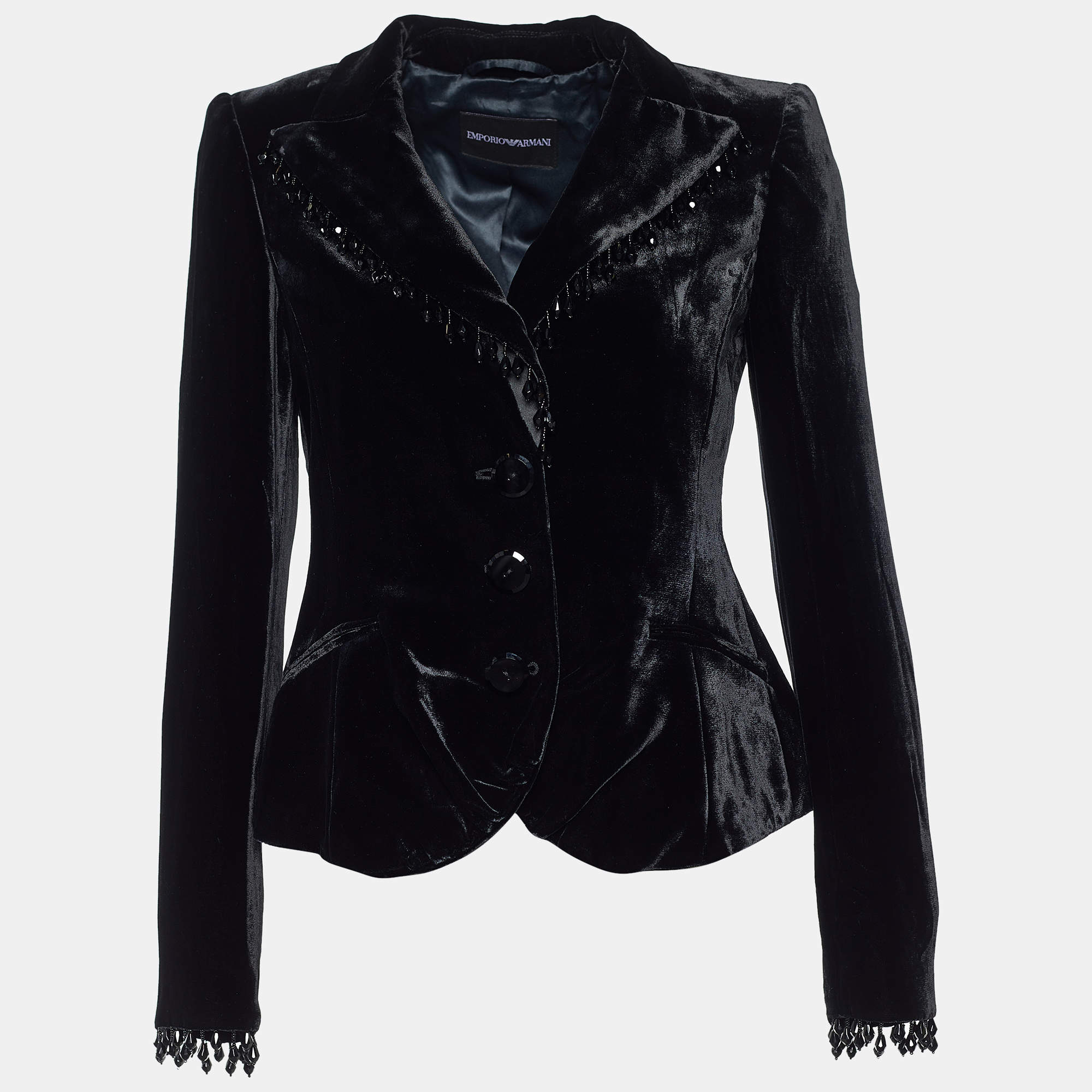 Pre Owned Emporio Armani Black Velvet Bead Tasseled Blazer S