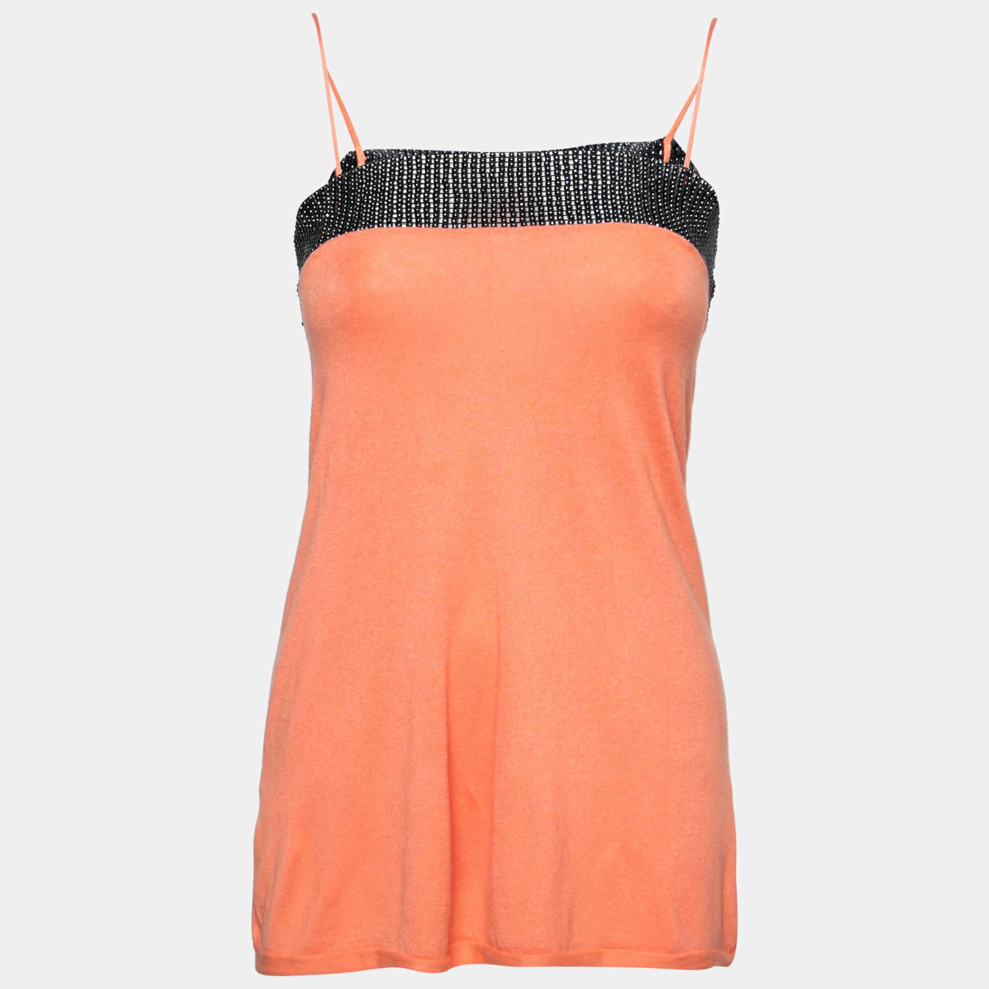 Pre Owned Emporio Armani Orange Beaded Detail Sleeveless Knit Top S