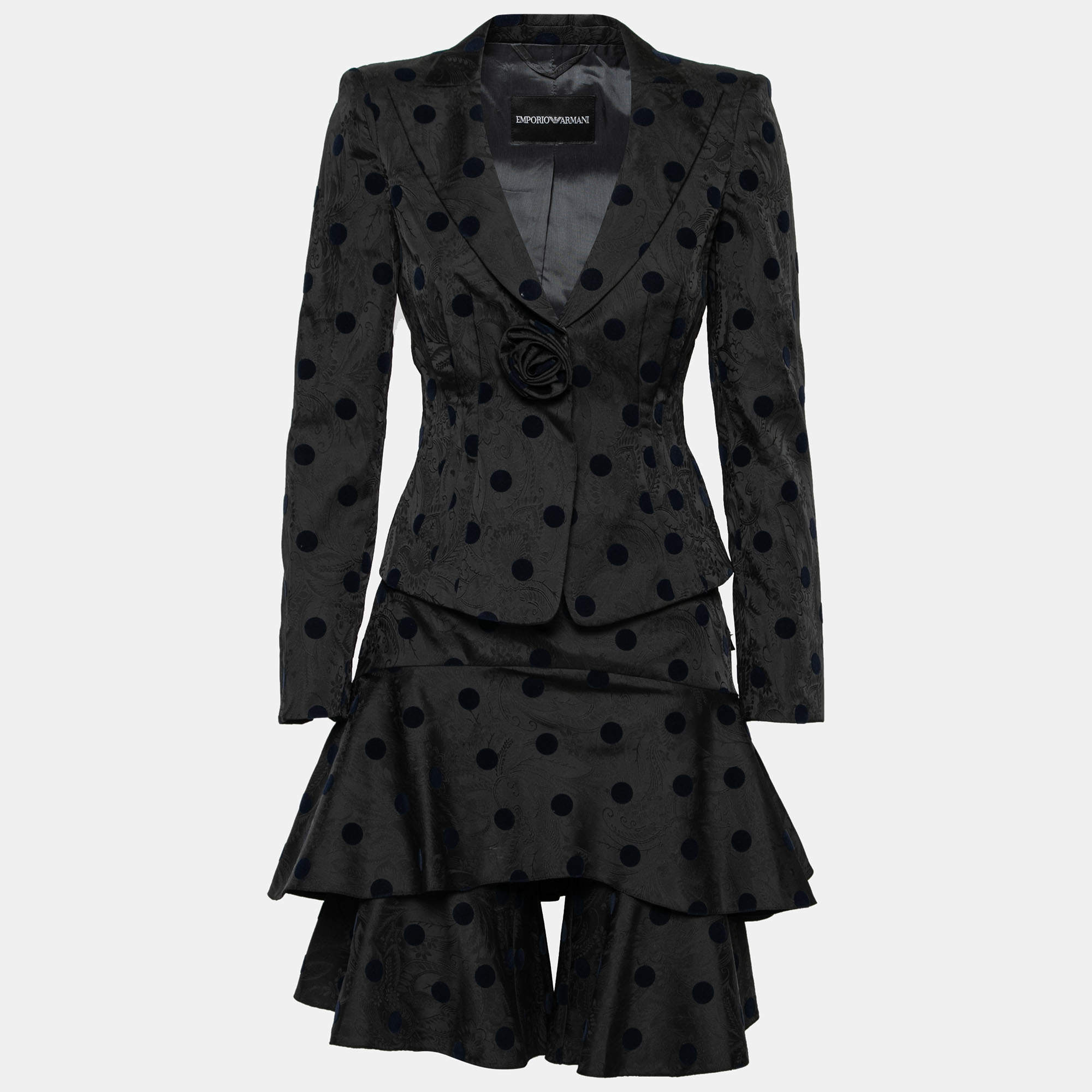 Pre Owned Emporio Armani Black Floral Jacquard Velvet Polka Dot Jacket & Skirt Set S