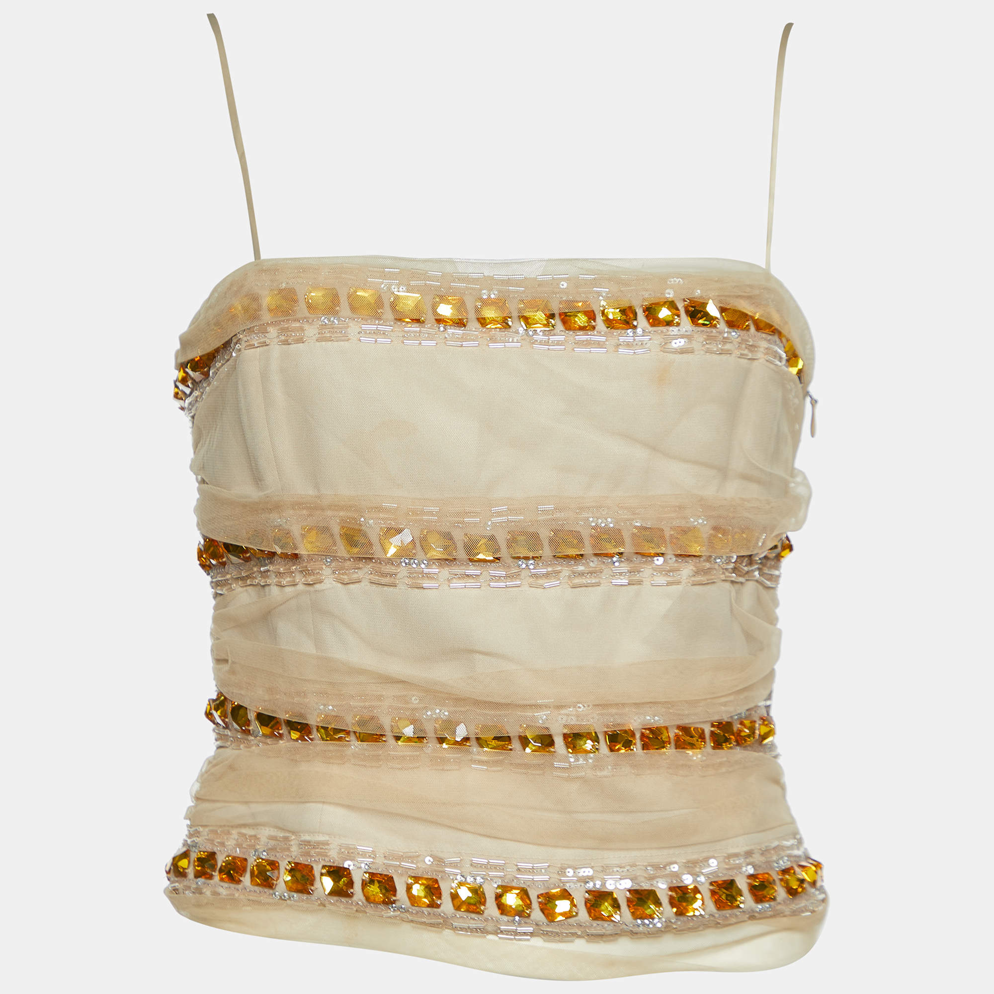 Pre Owned Emporio Armani Beige Mesh Embellished Crop Top M