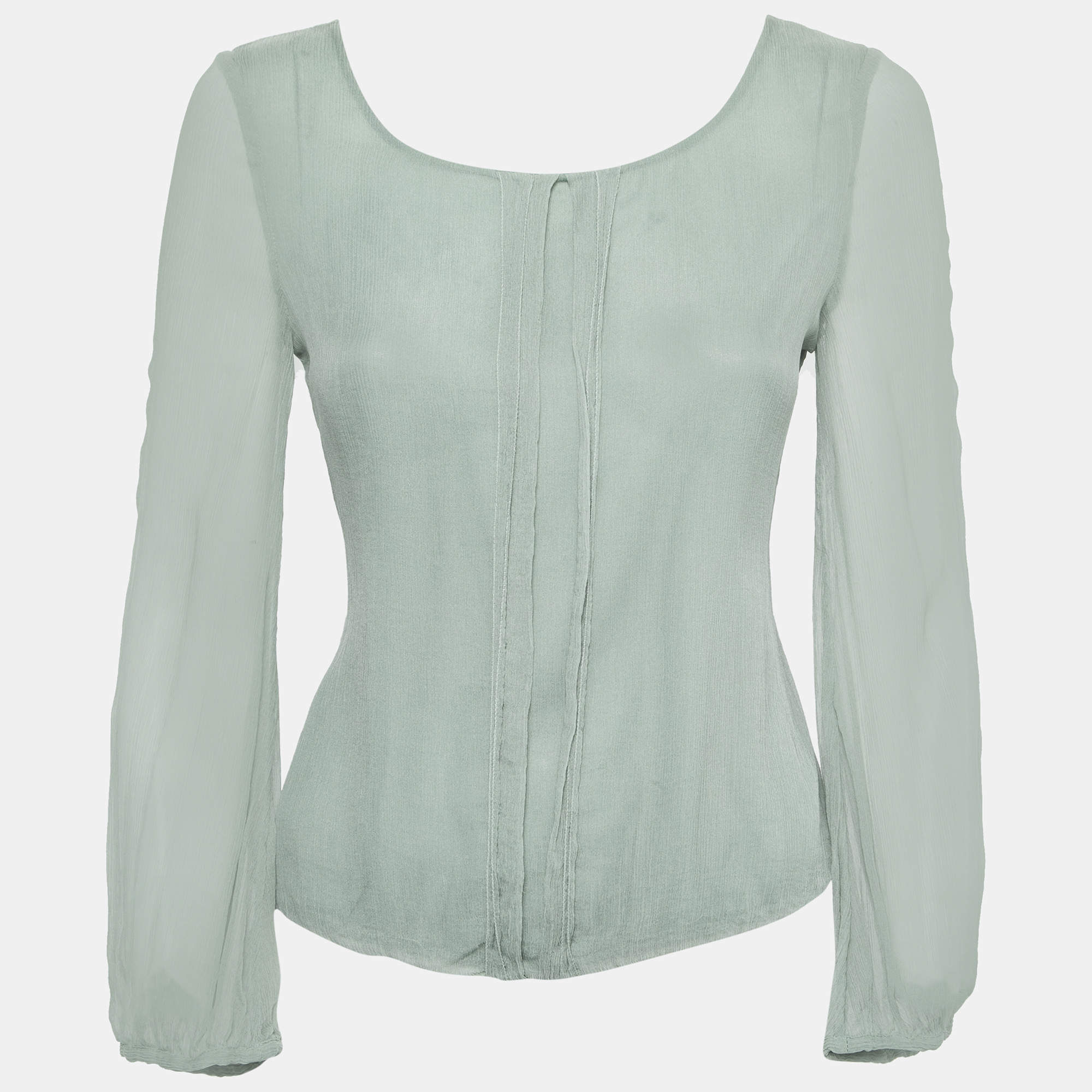 Pre Owned Emporio Armani Light Green Crinkled Chiffon Long Sleeve Blouse S