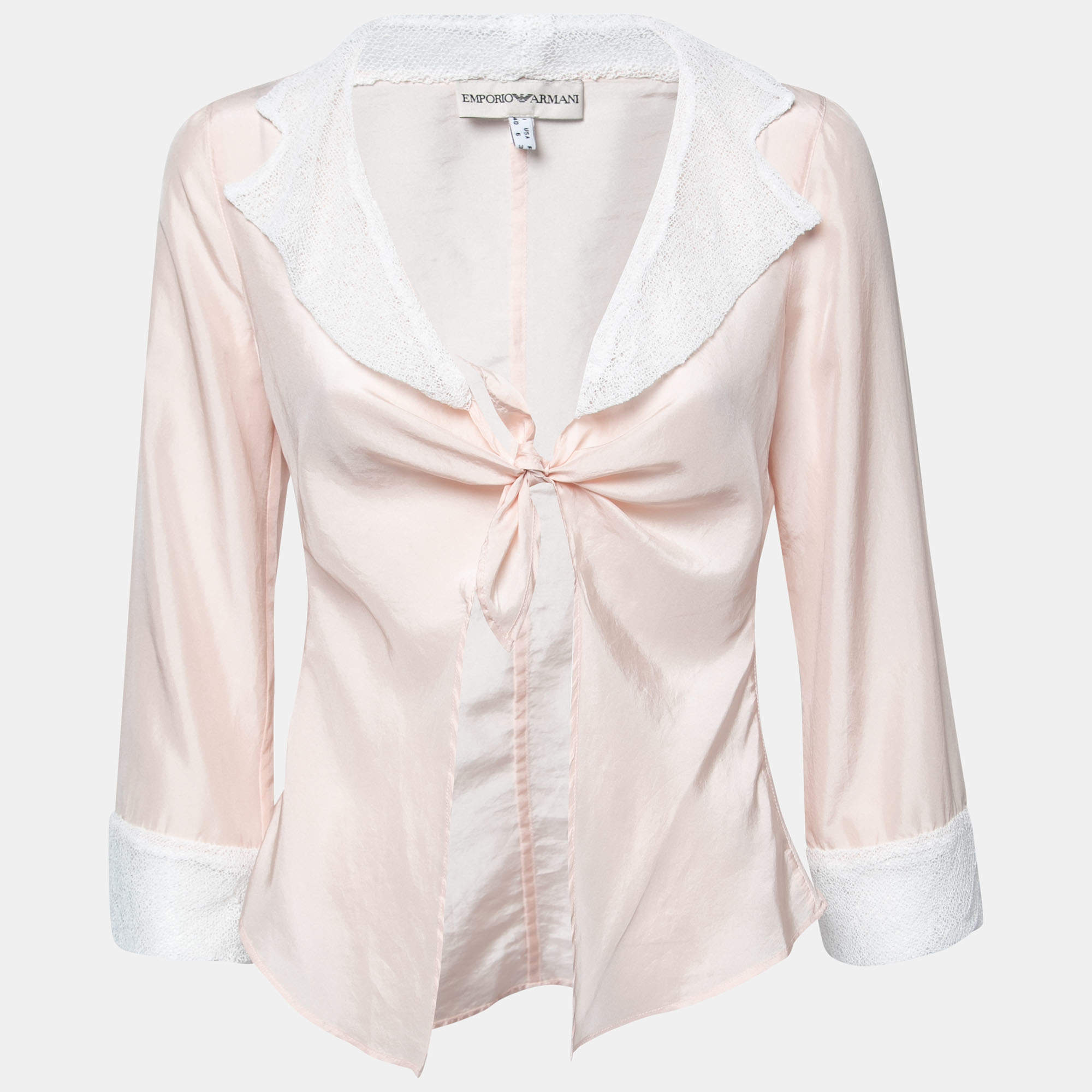 Pre Owned Emporio Armani Pink Silk & Knit Trimmed Front Tie Jacket S