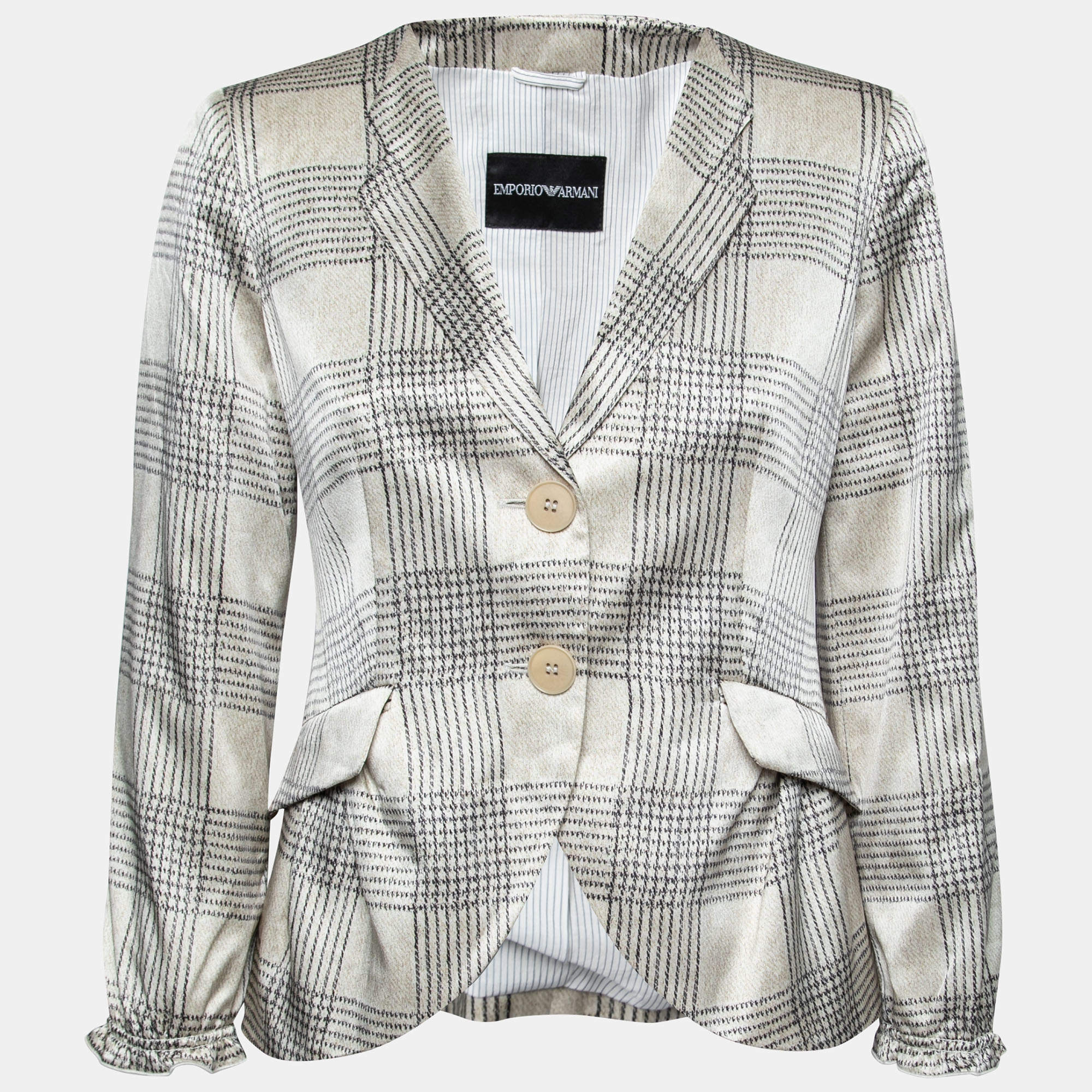 Pre Owned Emporio Armani Beige Checked Satin Silk Single Breasted Blazer M