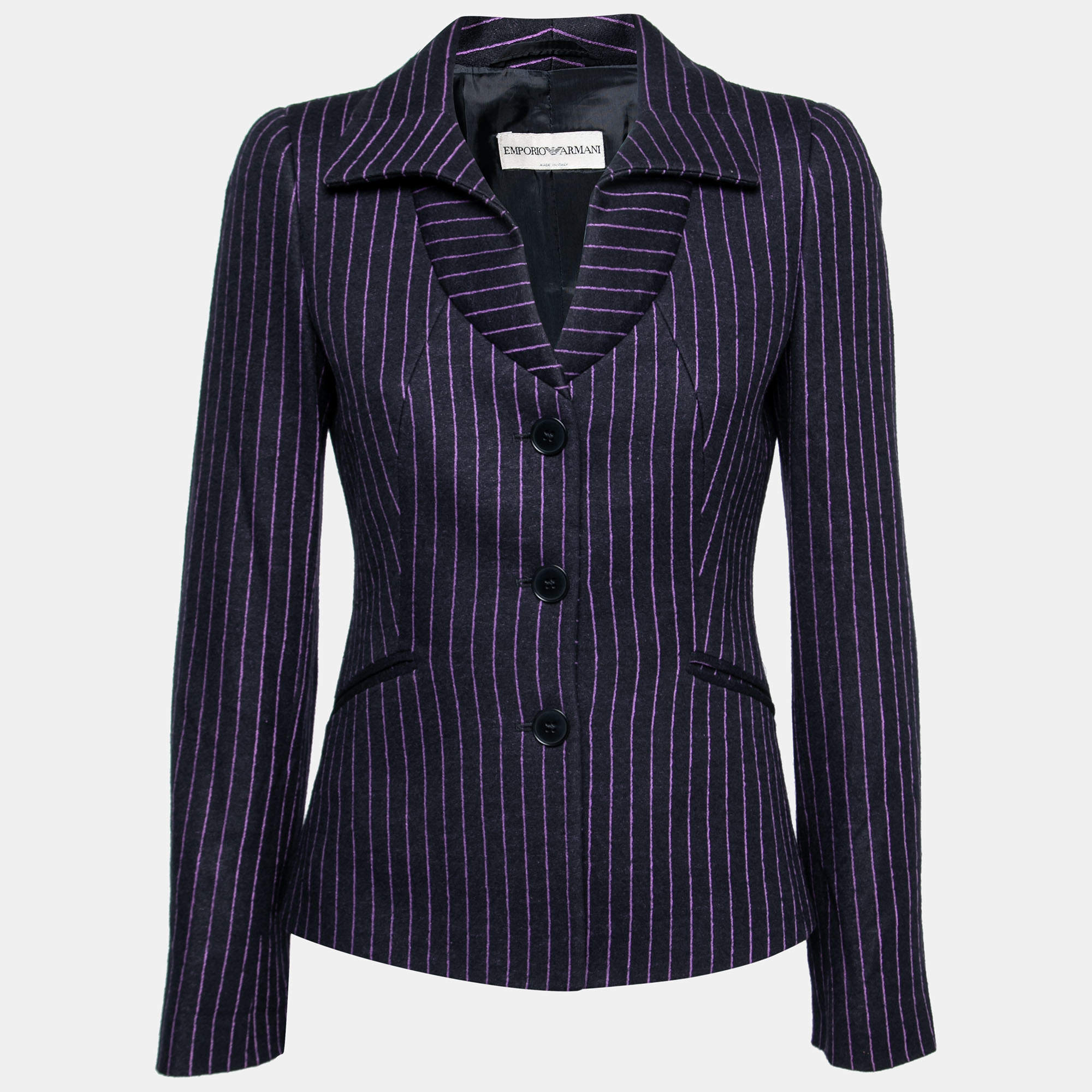 Pre Owned Emporio Armani Black & Purple Striped Wool Single Breasted Blazer S