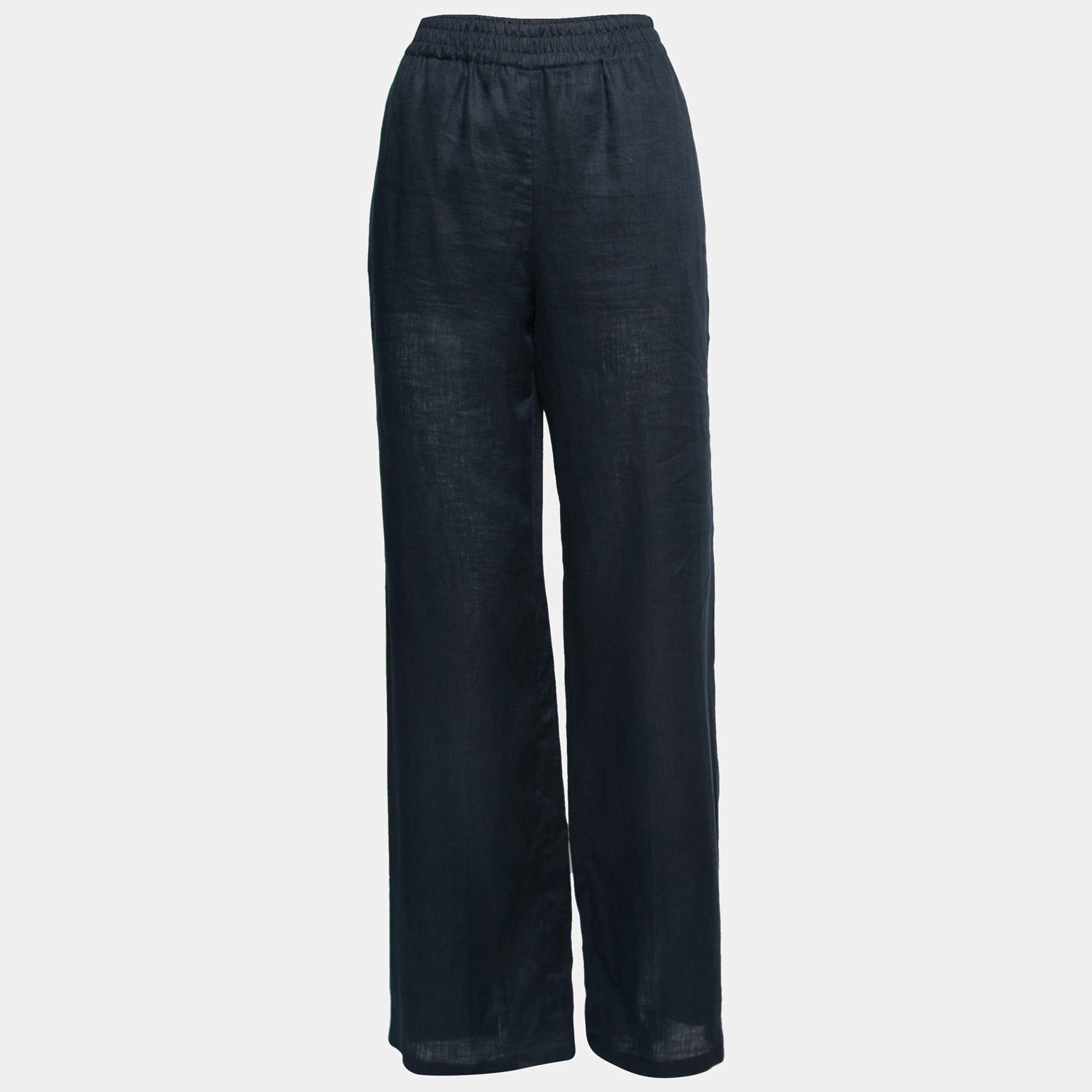 Pre Owned Emporio Armani Midnight Blue Linen Elastic Waist Pants M