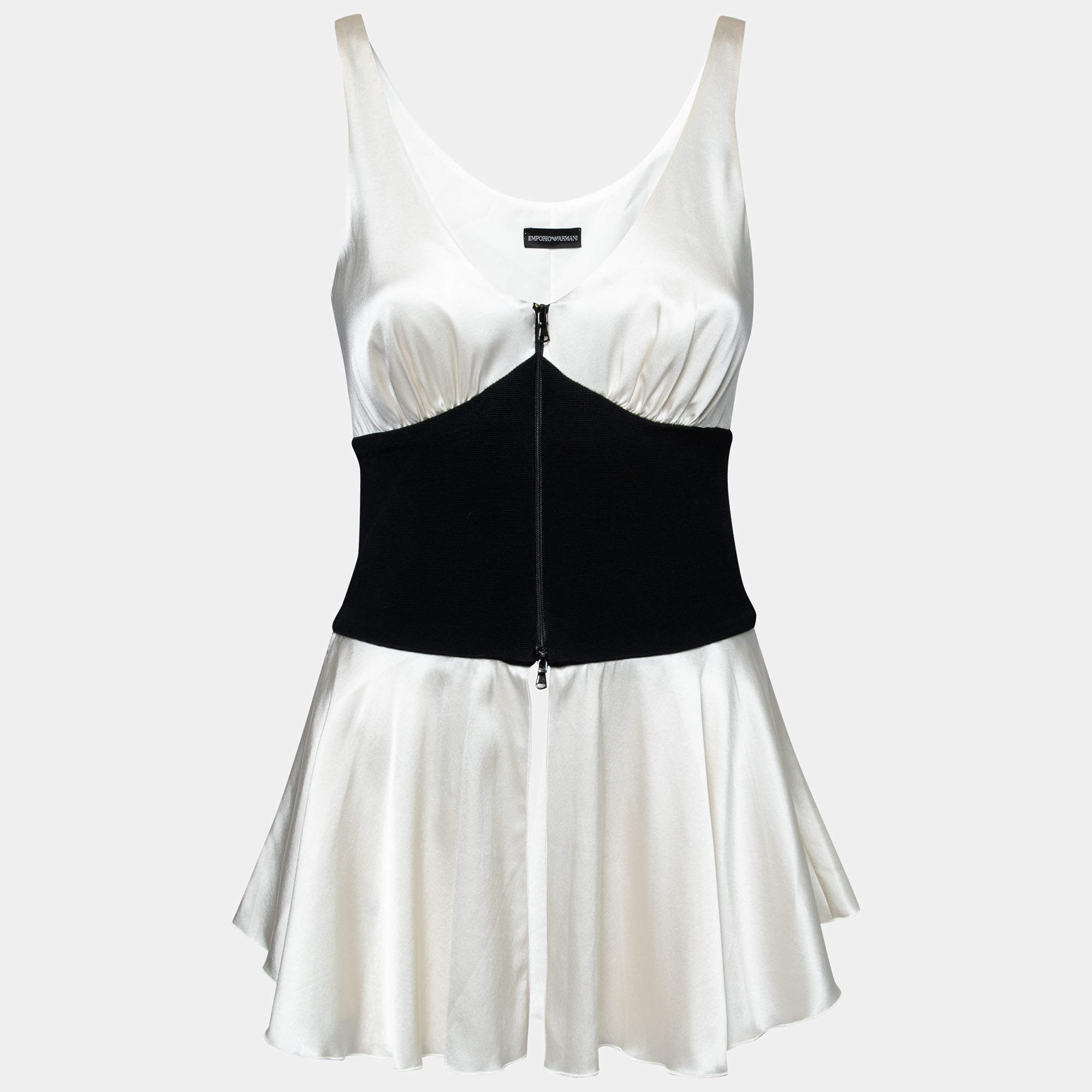 Pre Owned Emporio Armani Cream Satin Stretch Waist Sleeveless Top M