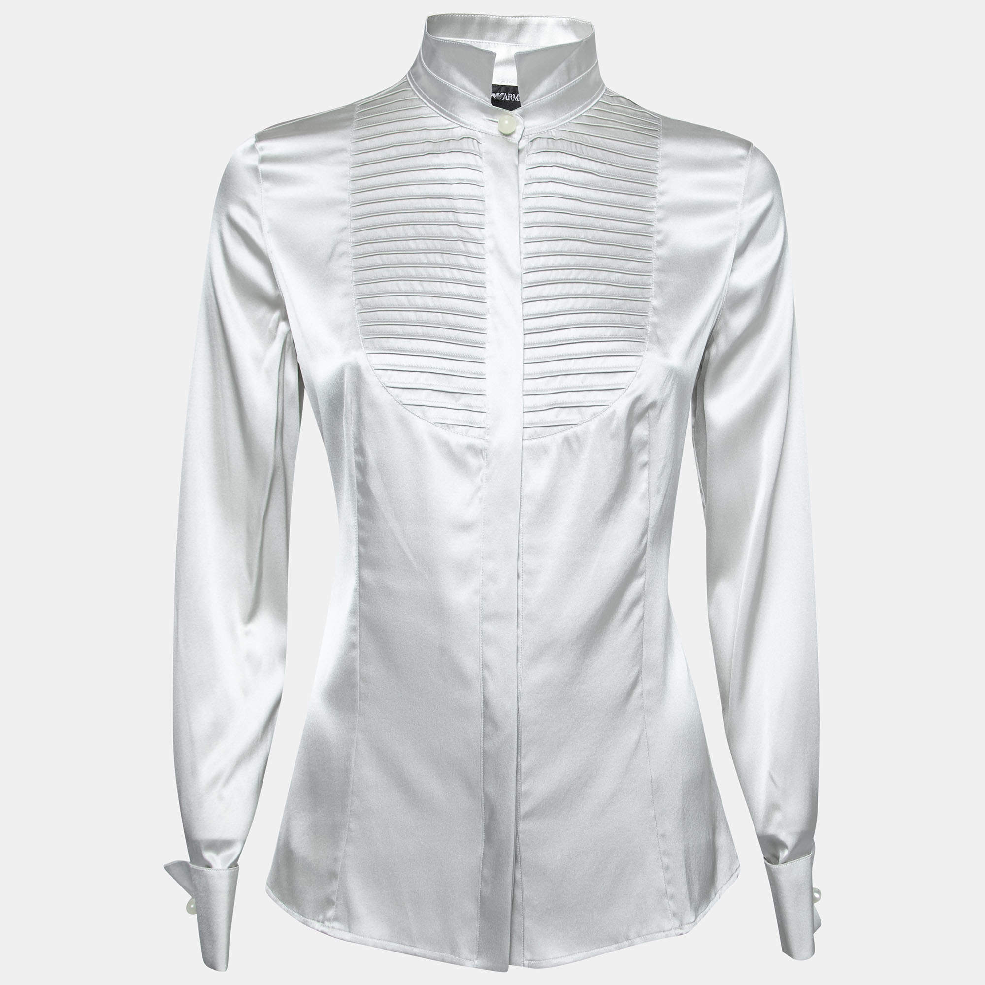 Pre Owned Emporio Armani Light Grey Silk Pleated Concealed-Button Shirt S