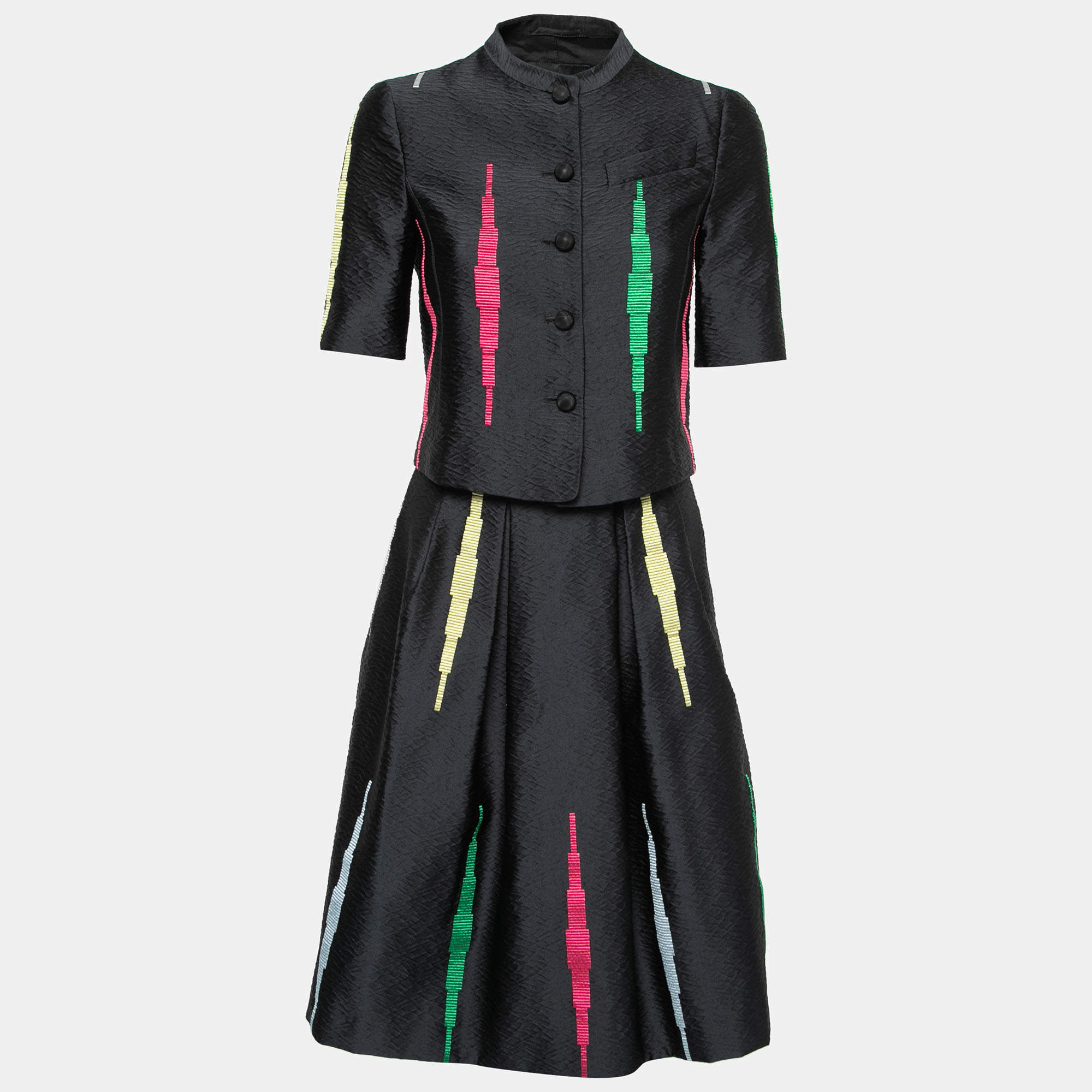 Pre Owned Emporio Armani Navy Blue Contrast Jacquard Patterned Jacket & Pleated Skirt Set S