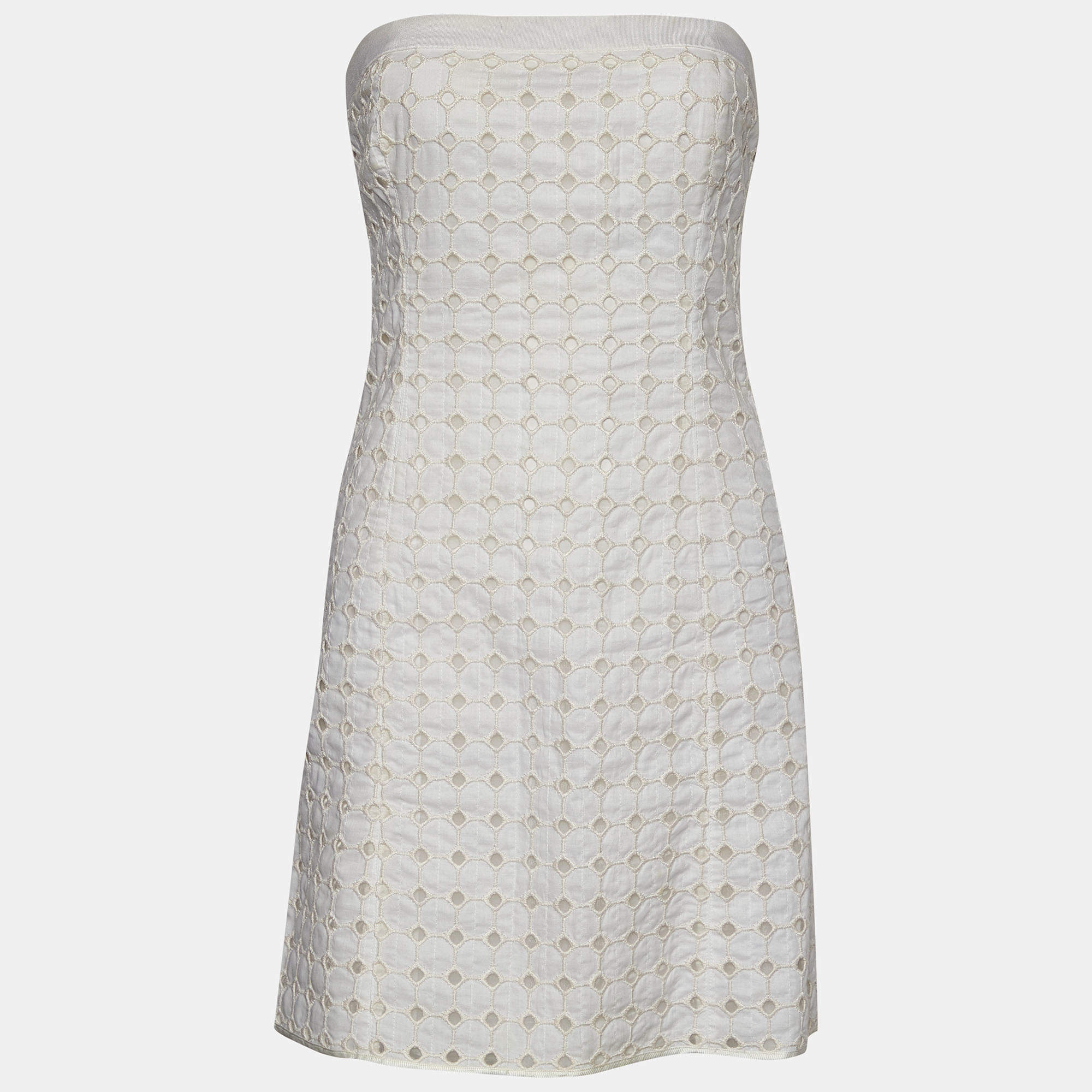 Pre Owned Emporio Armani White Embroidered Cutwork Cotton Strapless Mini Dress S