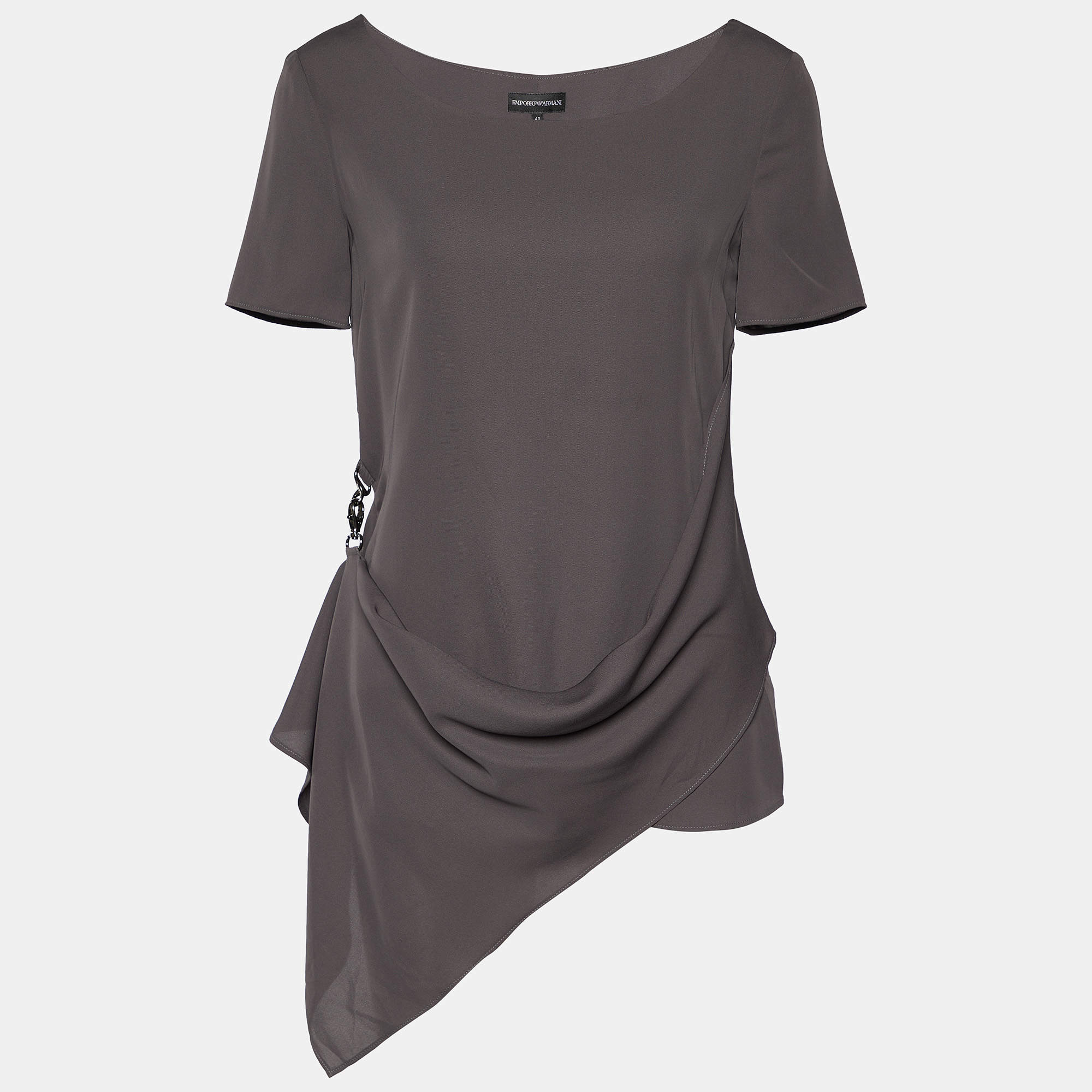 Emporio Armani Dark Grey Crepe Draped Detail Blouse S