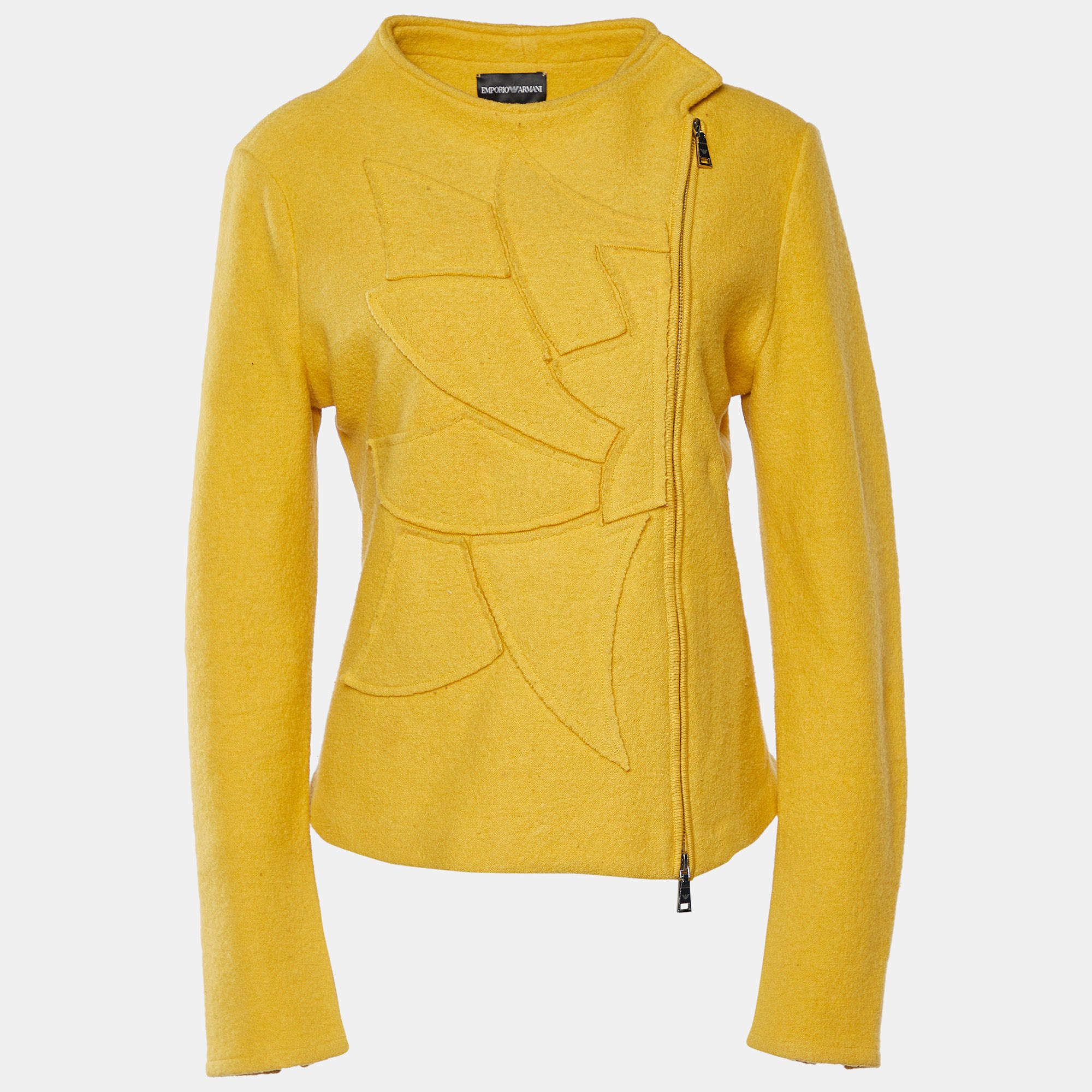 Pre Owned Emporio Armani Yellow Wool Applique Detail Zip Up Jacket L