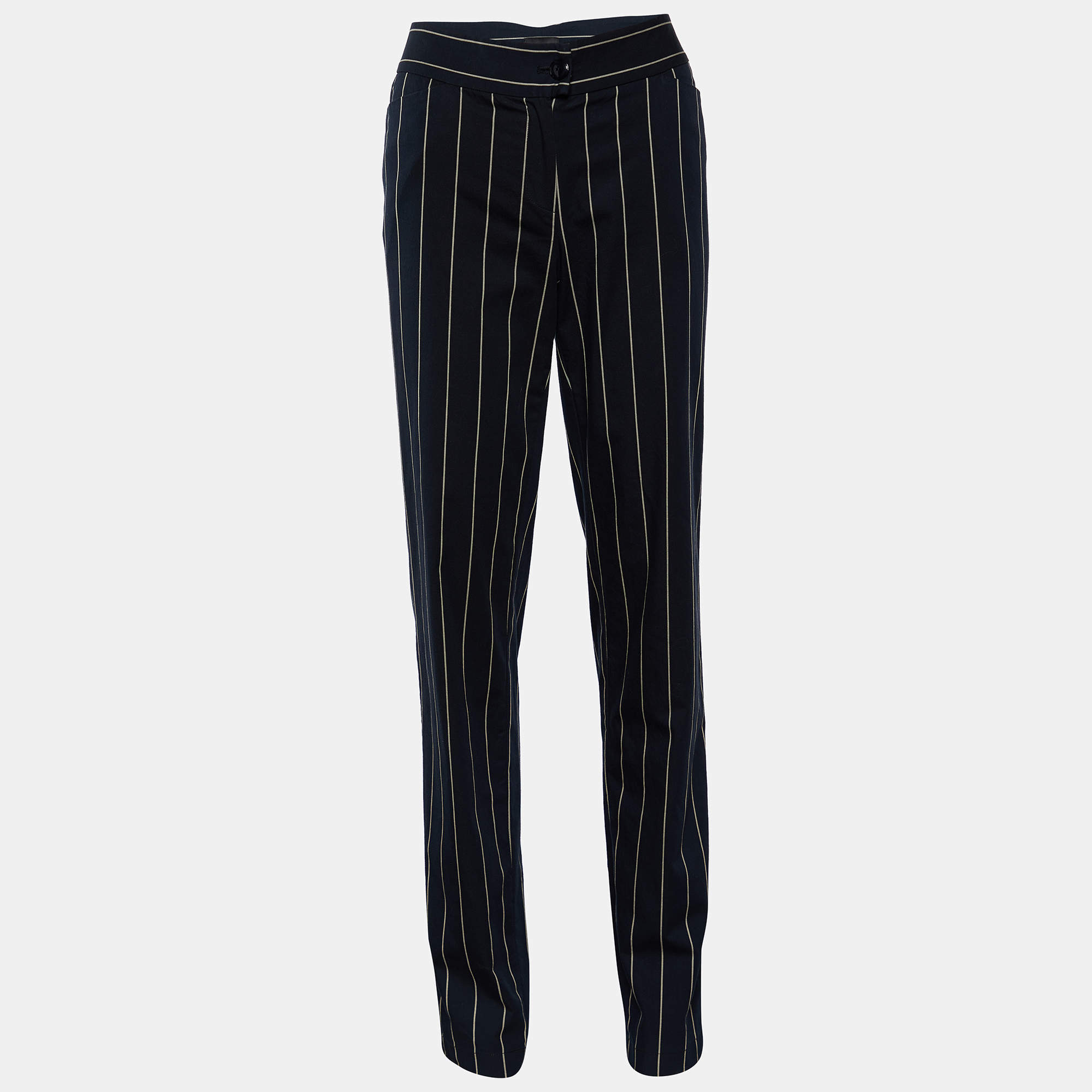 Pre Owned Emporio Armani Black Striped Cotton Tapered Leg Pants M