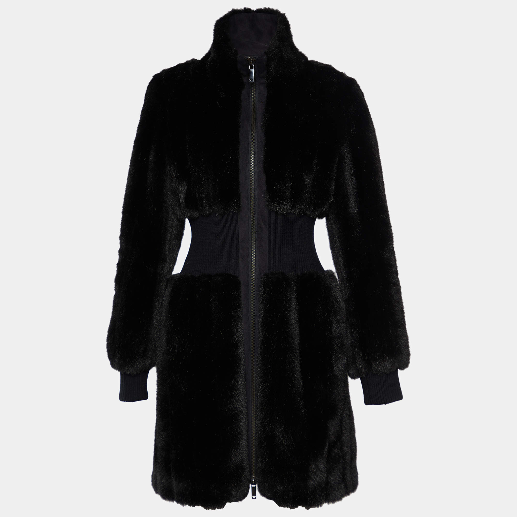 Pre Owned Emporio Armani Black Faux Fur Rib Waist Zip Front Dress S