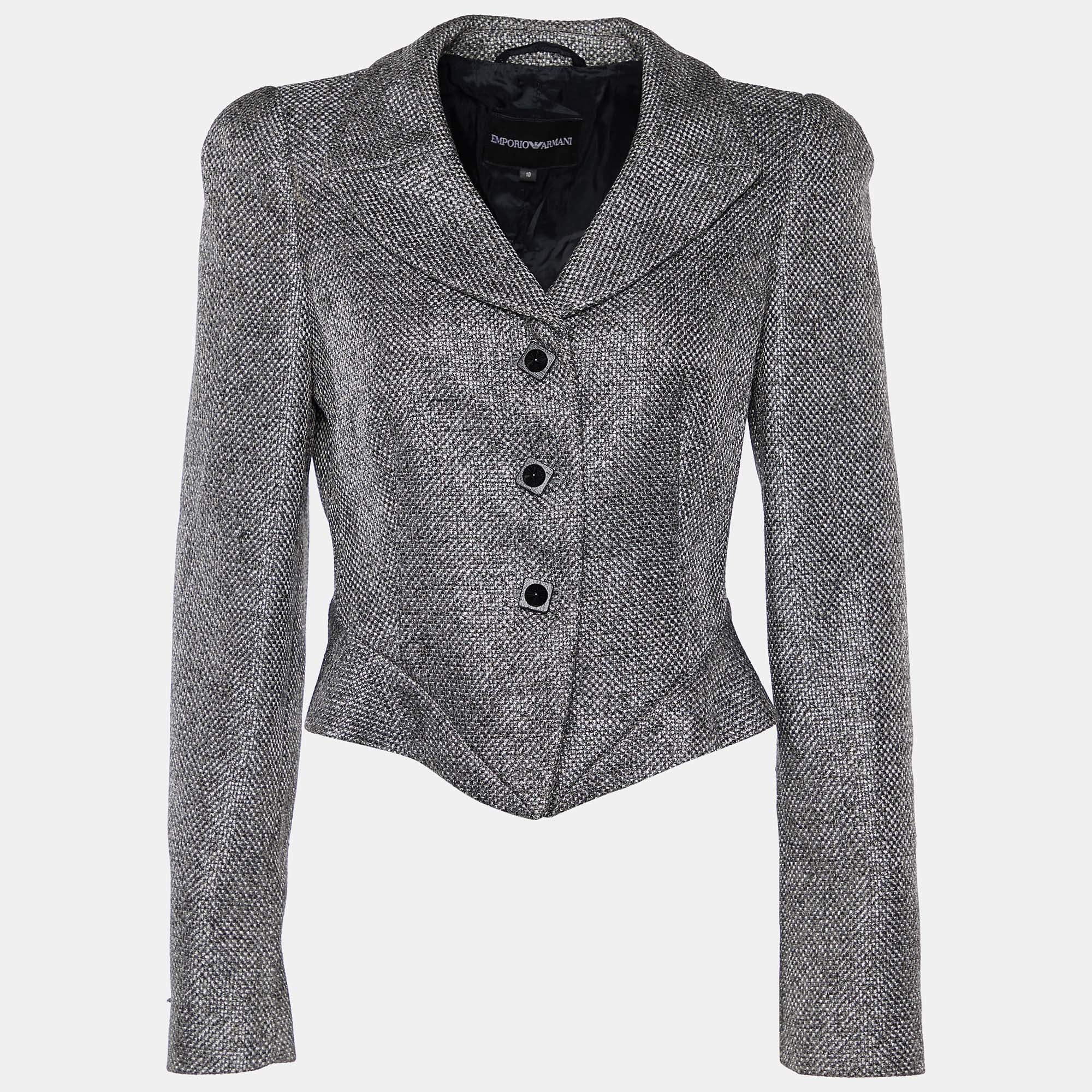 Pre Owned Emporio Armani Grey Wool Blend Button Front Cropped Blazer M