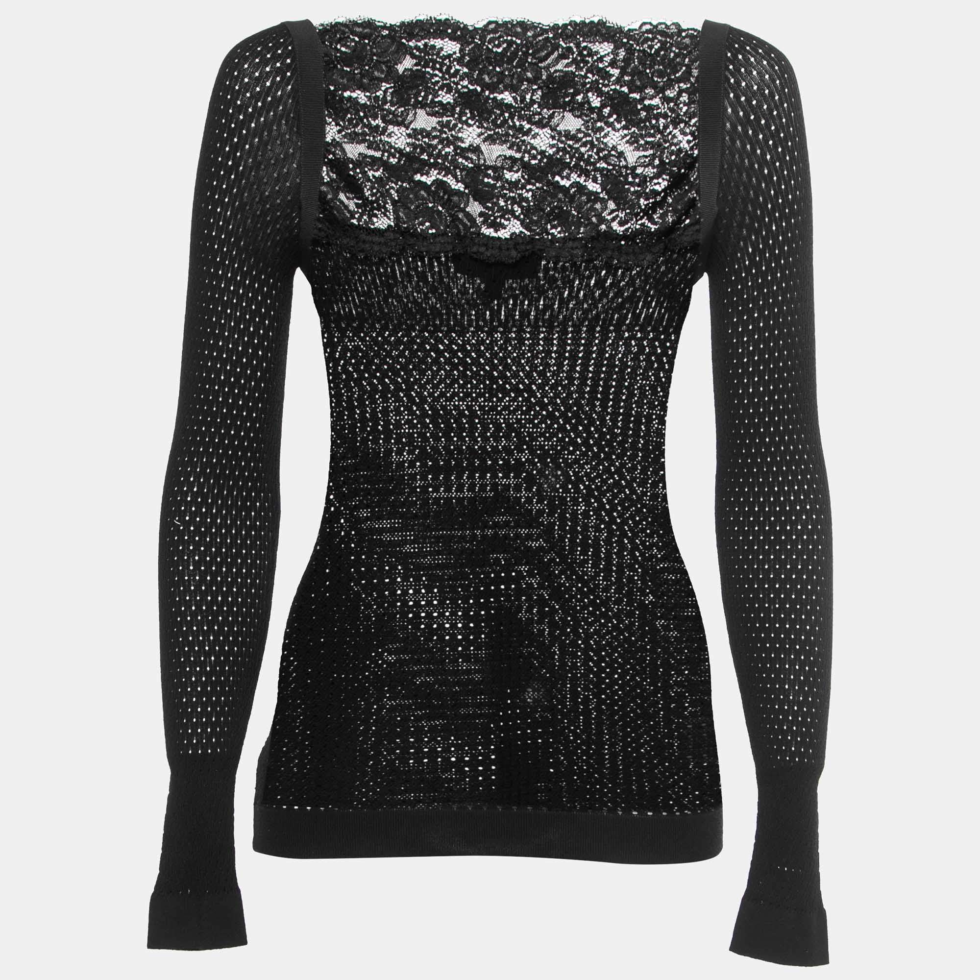 Pre Owned Emporio Armani Black Knit Lace Trim Long Sleeves Top S