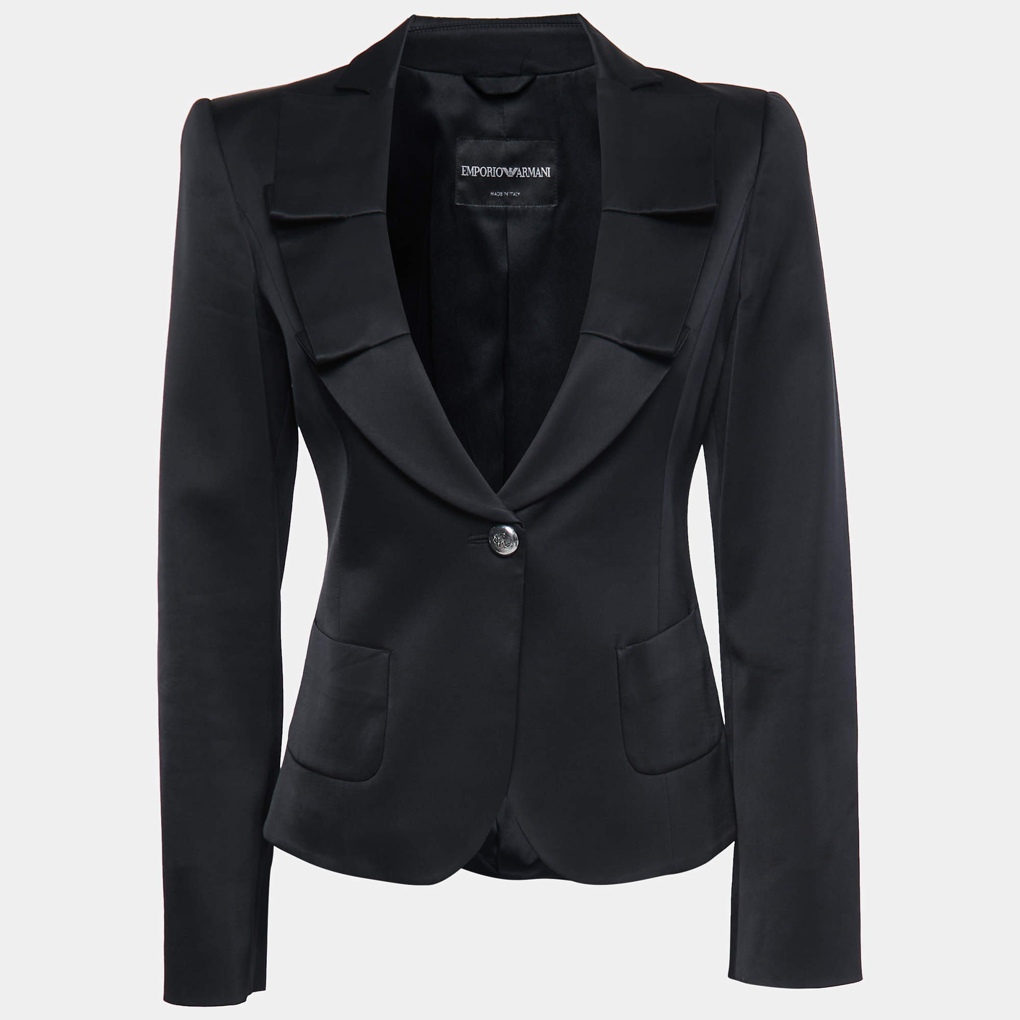 Pre Owned Emporio Armani Black Wool Crepe Ruffled Blazer M